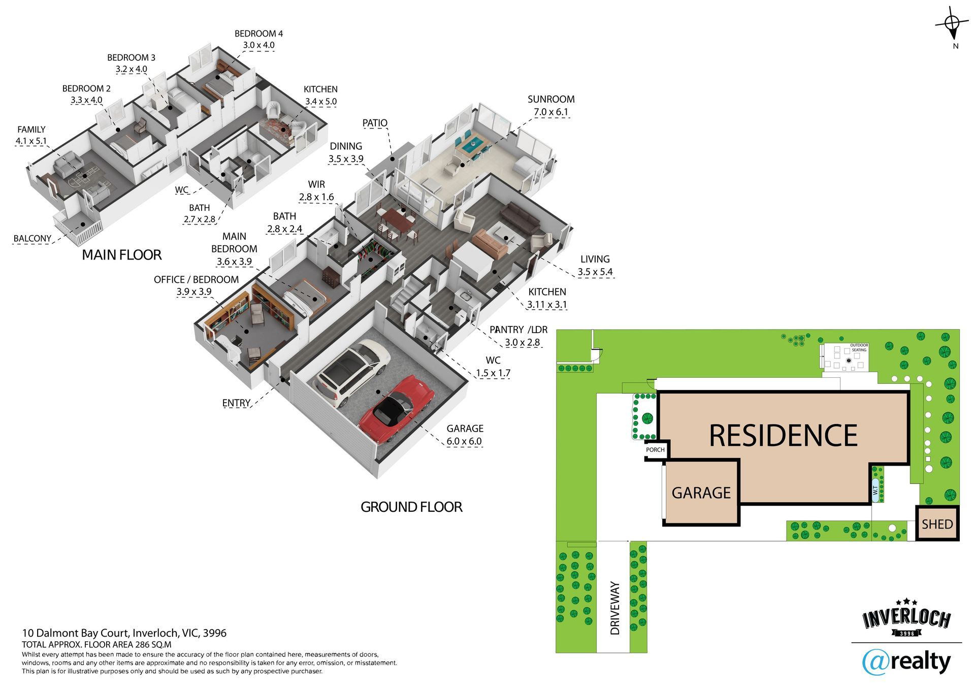 Floor plan with 3D interior view of a house and property layout, including rooms and yard.