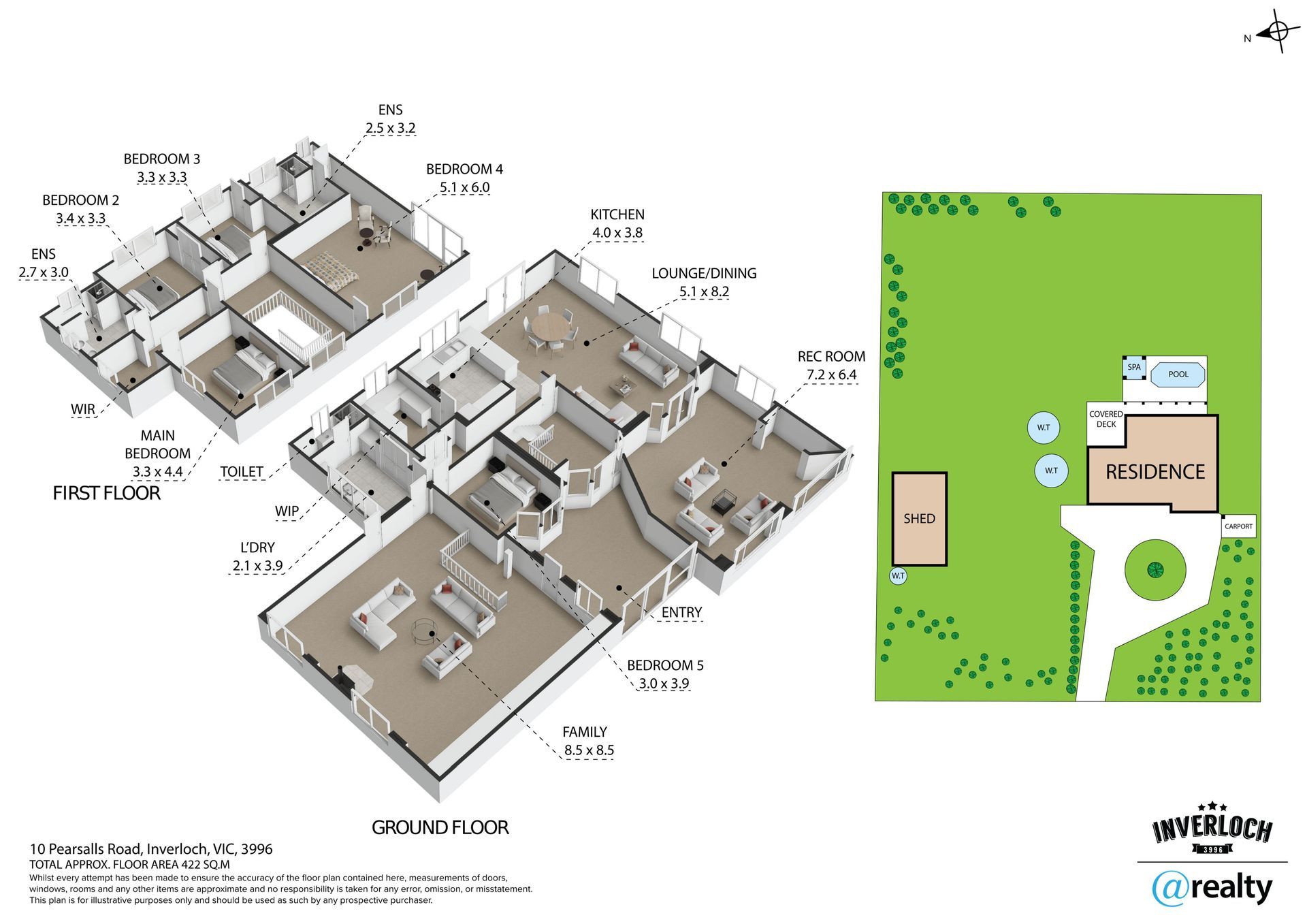Floor plan and property layout with rooms labeled. Exterior shows green lawn, pool, and surrounding trees.