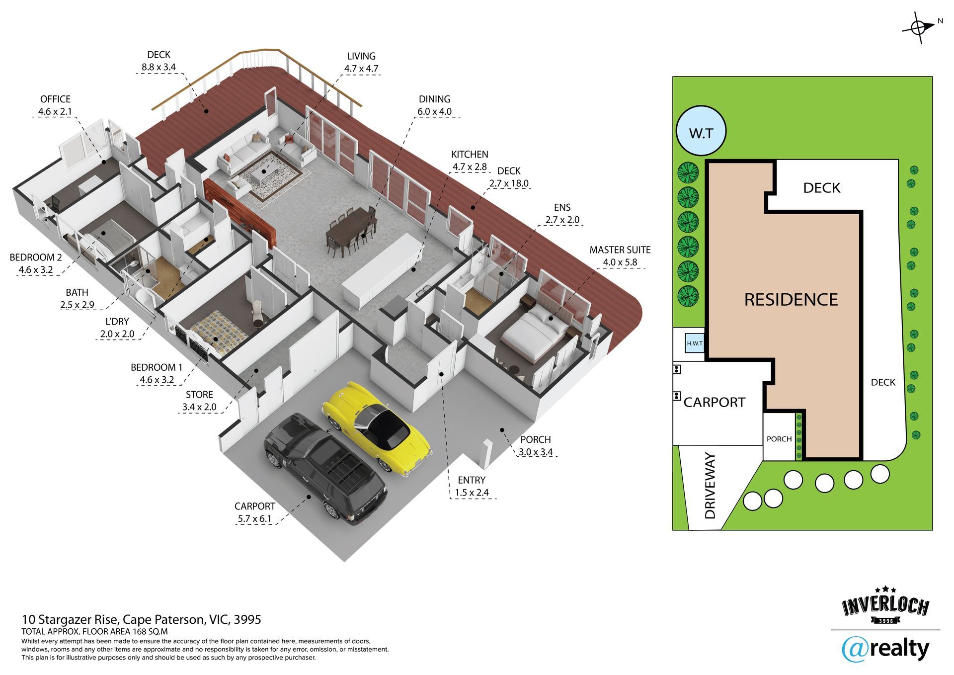 Floor plan of a house with a garage, bedrooms, living spaces, and an outdoor deck area.