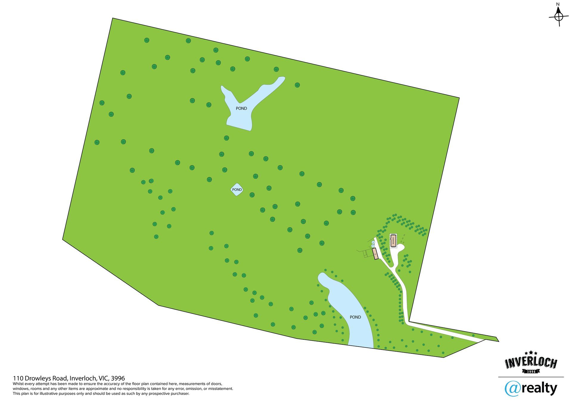 Green land plot with two ponds, trees, and a building; a graphic from a realty company.