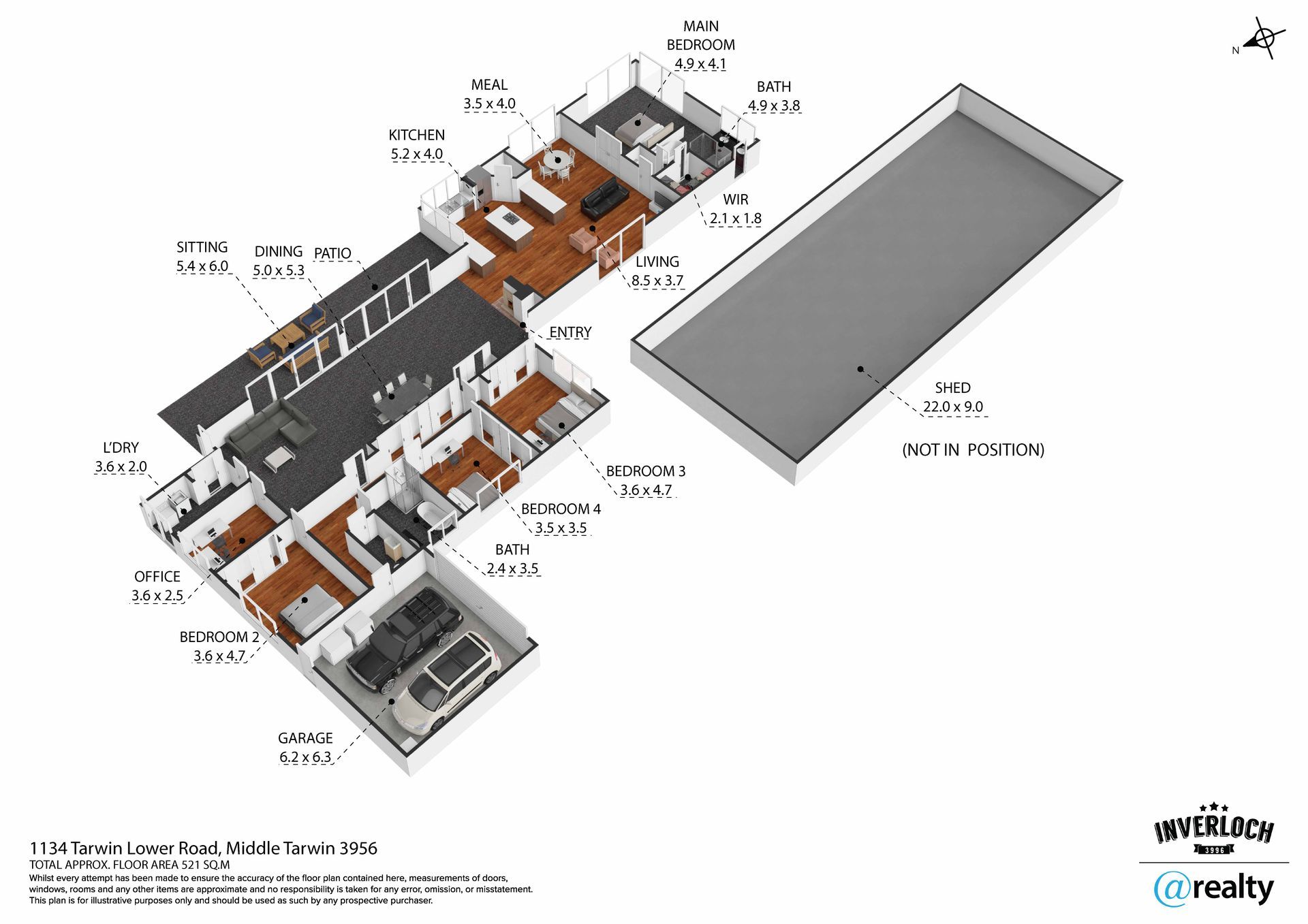 Isometric floor plan of a home with rooms labeled and a detached rectangular area. Brown floors, dark roof.