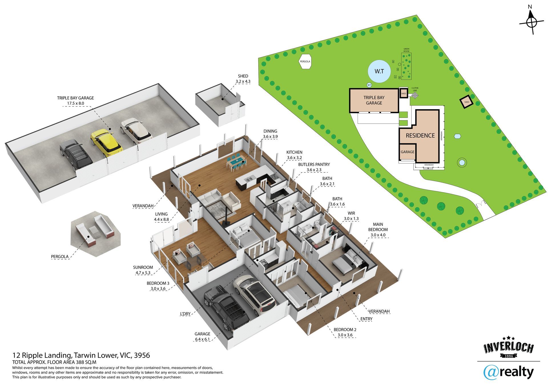 Floor plan of a house, detached garage, and yard. The house has multiple rooms and a car.
