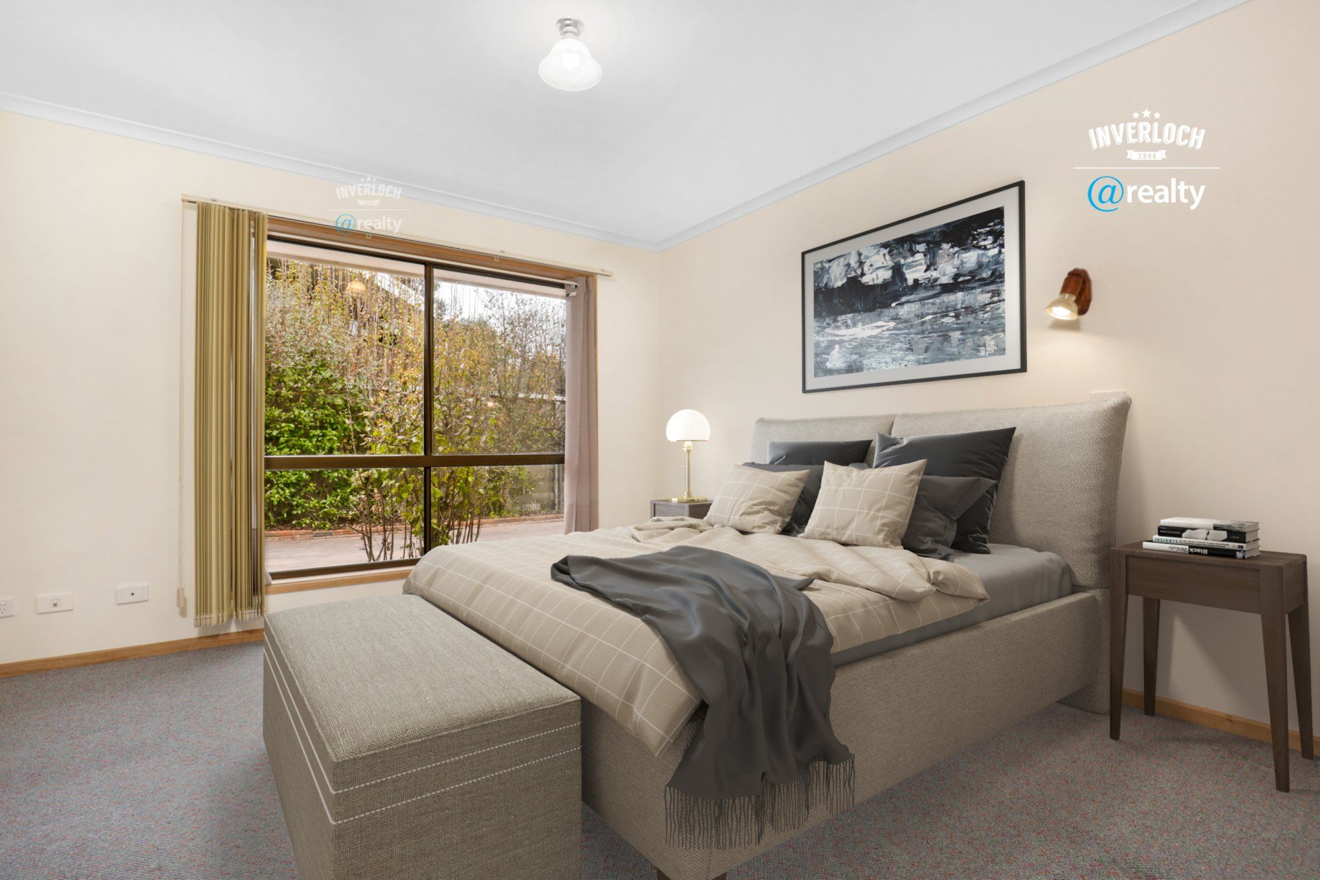 A bedroom with a large bed and a sliding glass door.