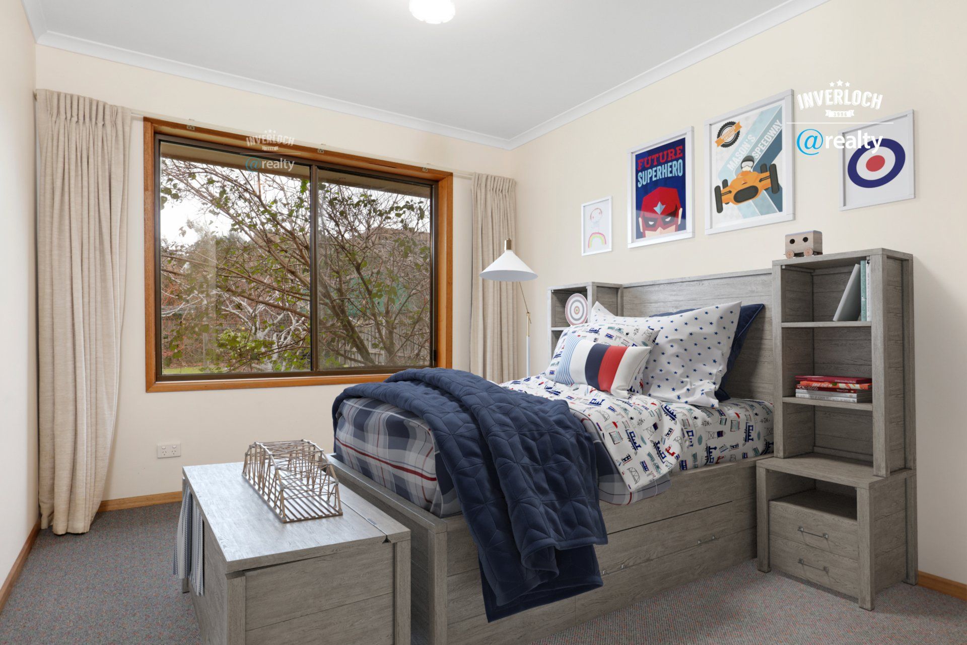 A bedroom with a bed , nightstand , shelves and a window.