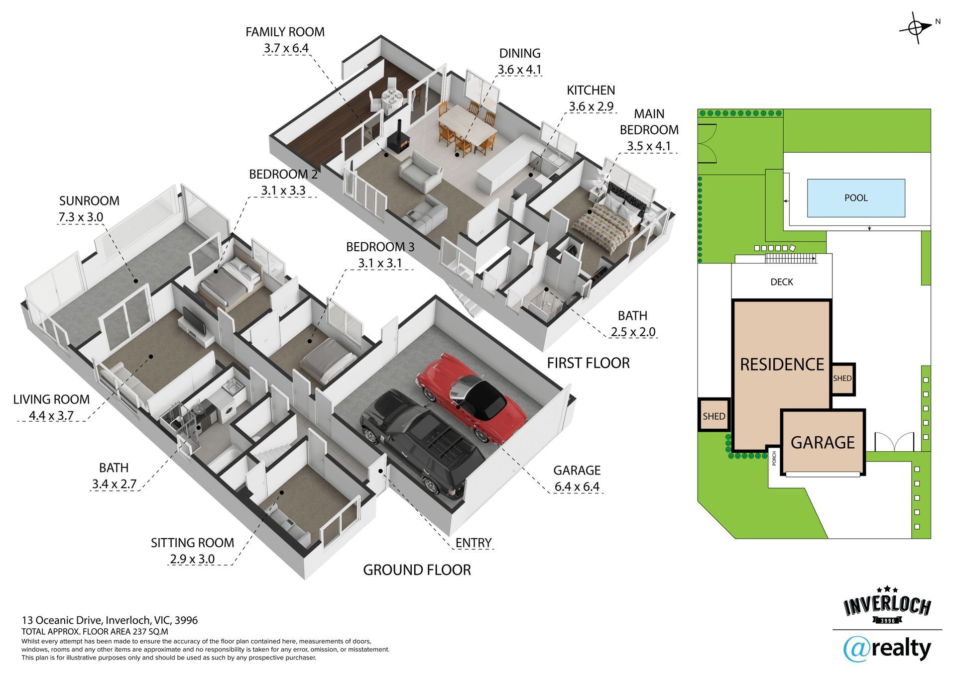 A 3d floor plan of a house with a car parked in the garage.