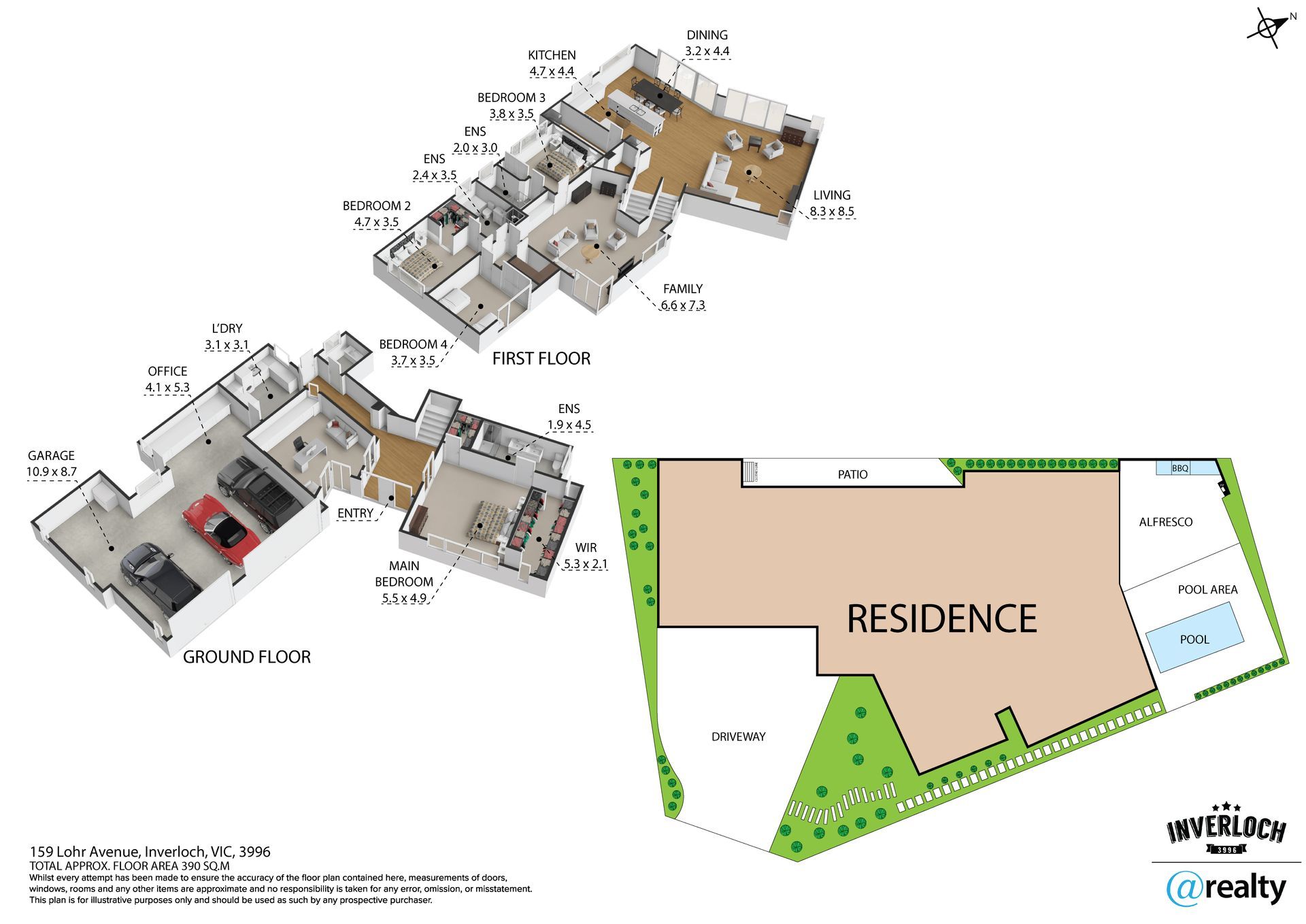 Floor plans and exterior layout of a residence. Shows two floors and a yard with a pool.