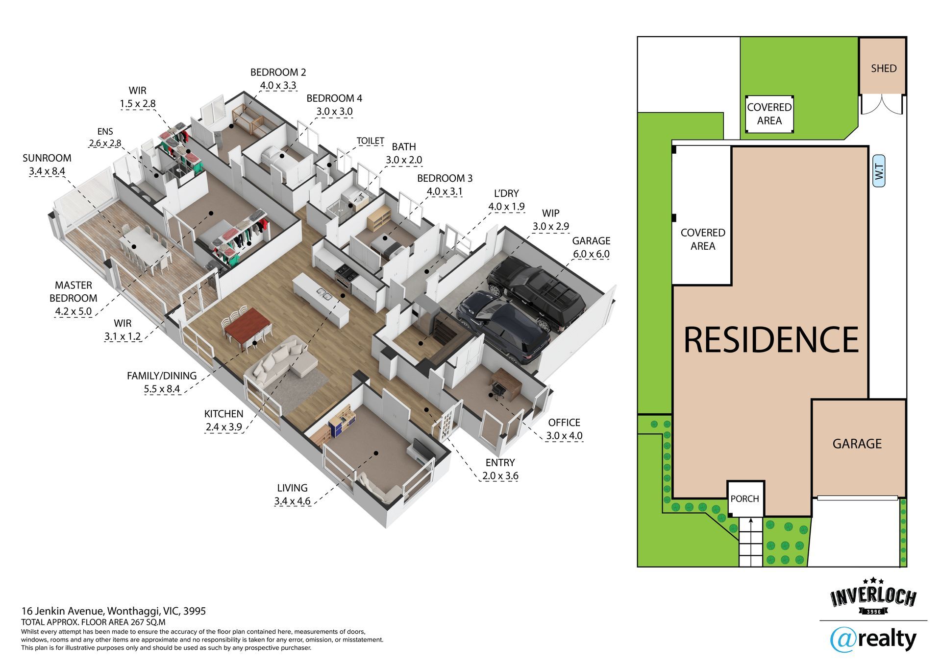 3D floor plan of a residence with labeled rooms, and a corresponding 2D site plan.