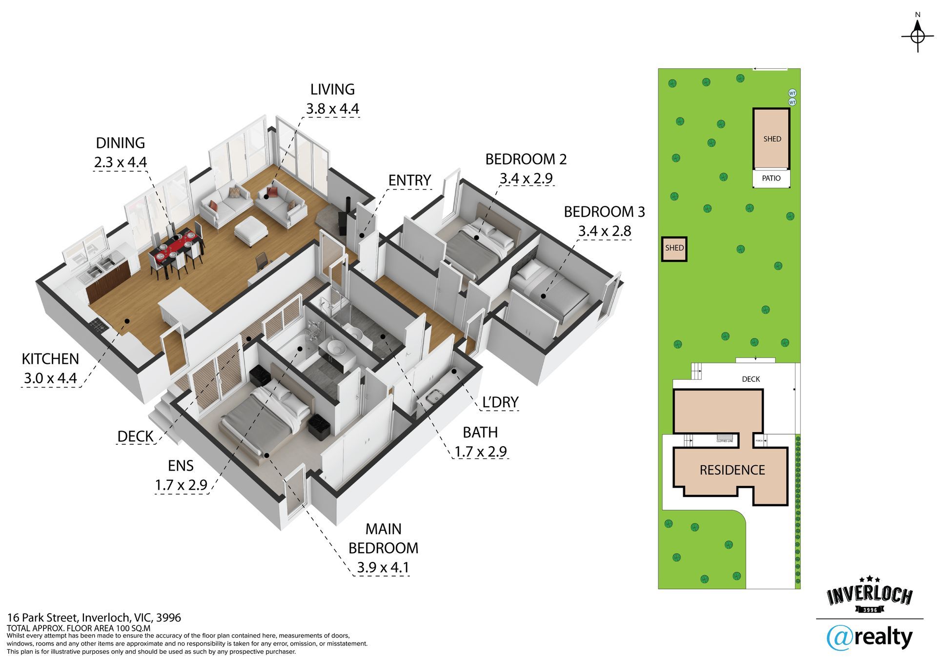 Floor plan with 3D interior view of a house and property layout, including rooms and yard.