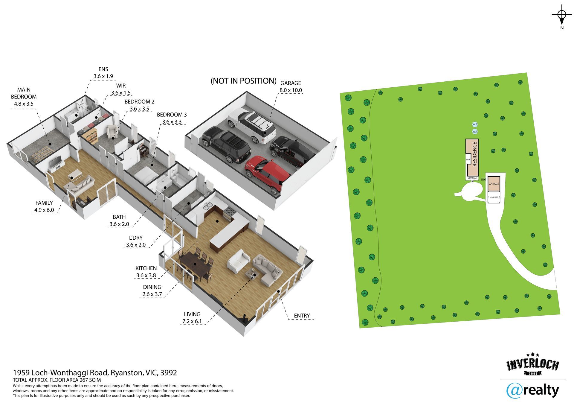 Floor plan of a house with a garage and property layout, showing rooms and surrounding green space.