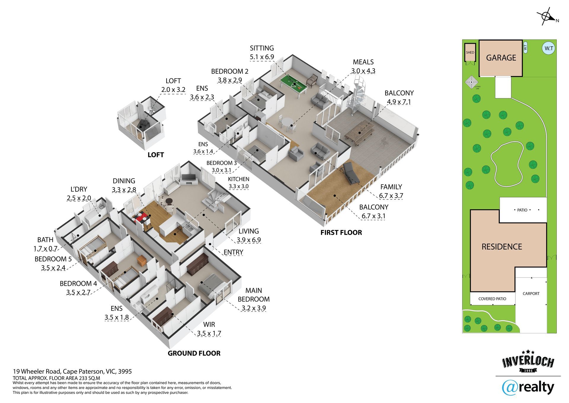 Floor plan of a two-story home with a ground floor, first floor, loft, and a site map showing a backyard and detached garage.