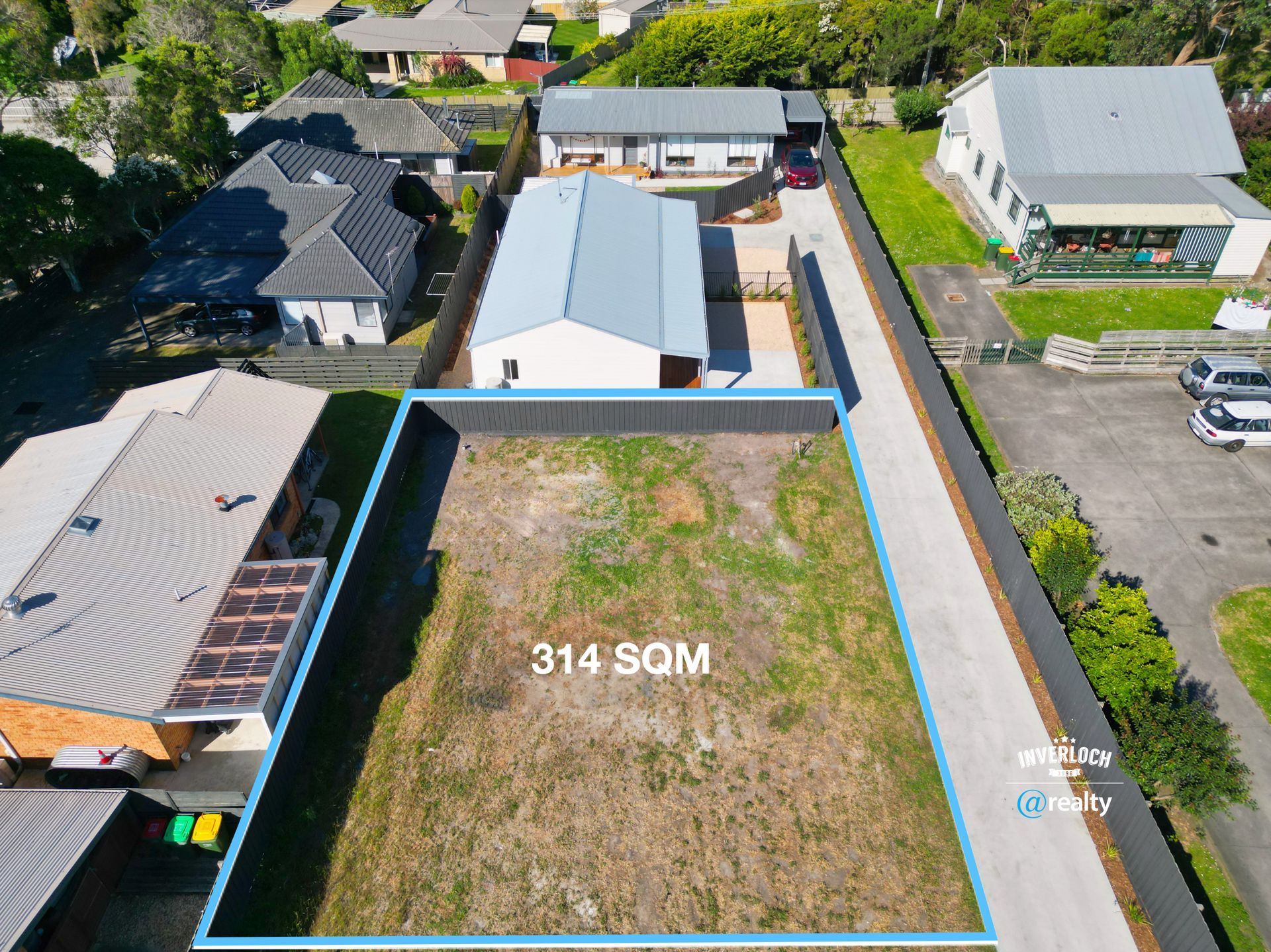 An aerial view of a residential area with a lot that is 314 sqm
