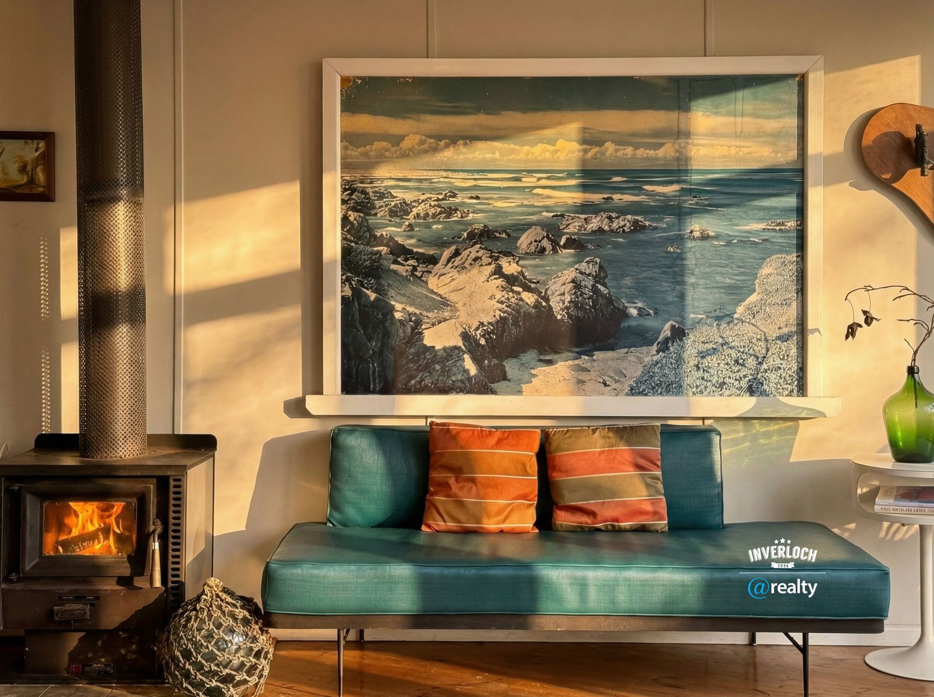 A cozy living room with a lit wood stove next to a teal bench sofa and a large, framed coastal landscape painting.