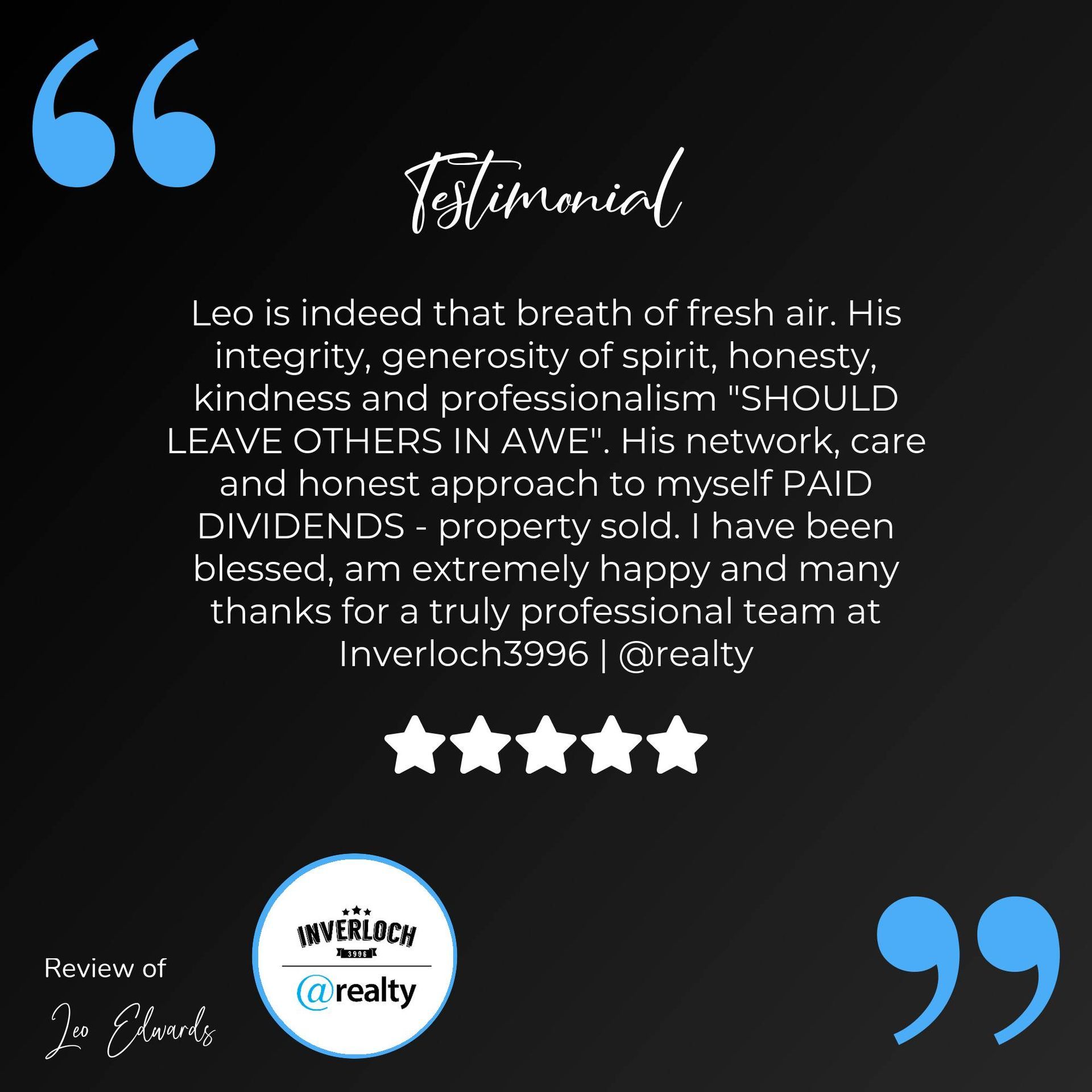 A testimonial from a real estate agent is displayed on a black background.