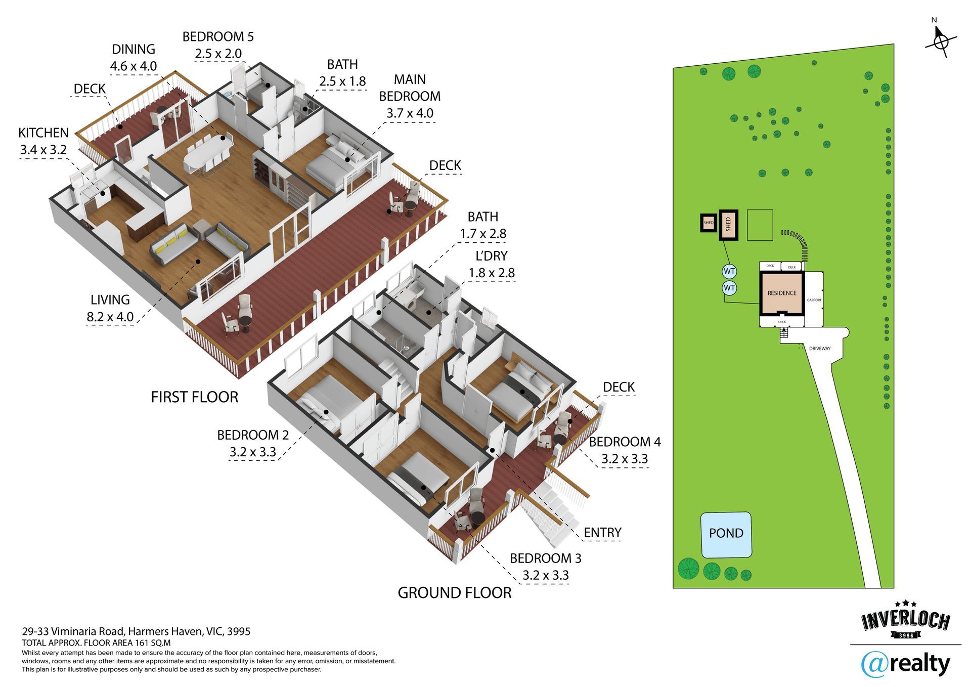 Floor plan of a two-story house with rooms labeled and a land layout including a pond.