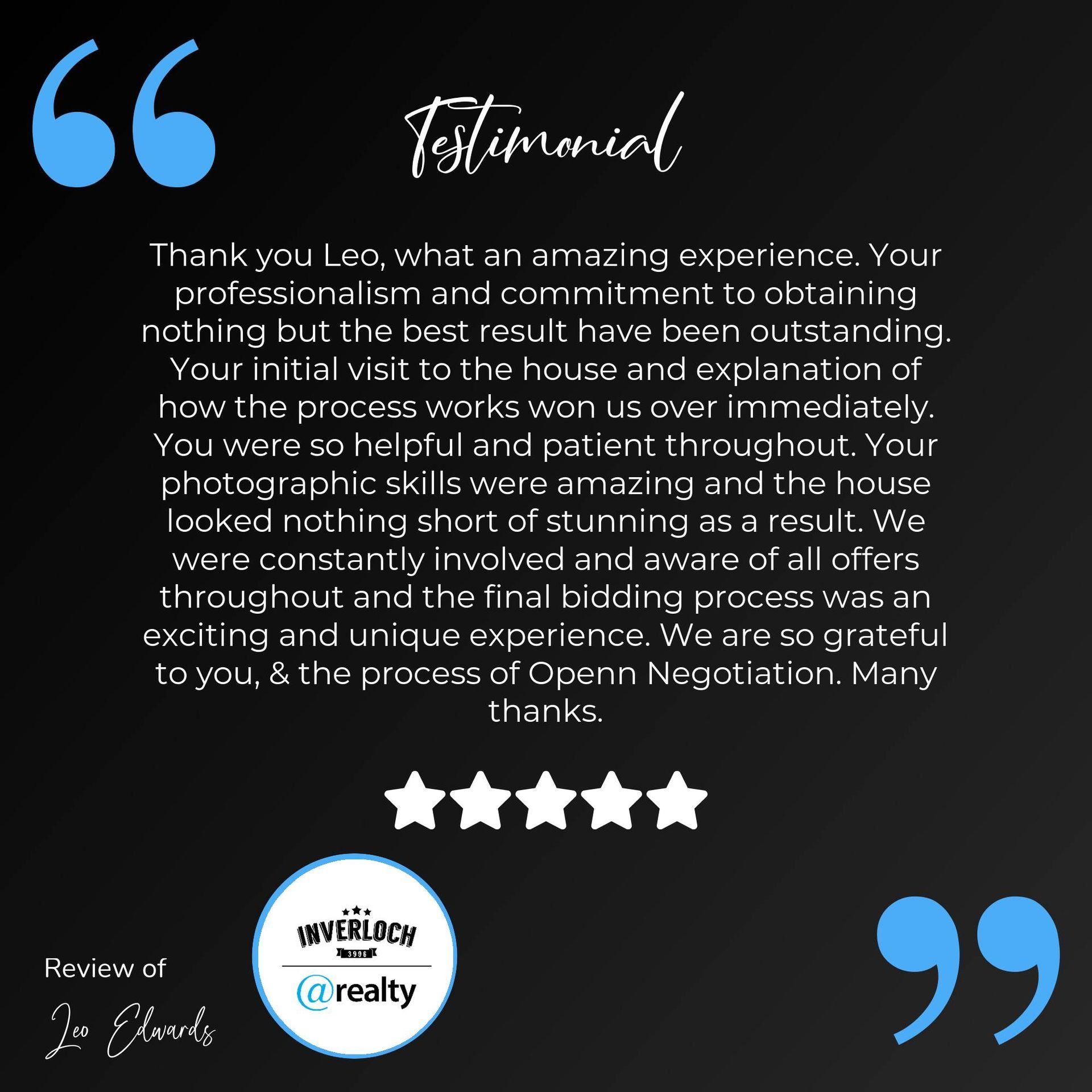 A testimonial for a real estate agent is written in blue and white on a black background.