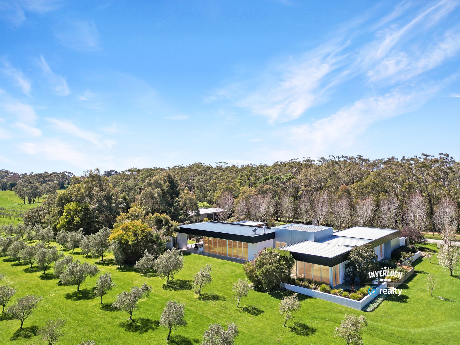 Modern house in a green field with trees, under a bright blue sky.