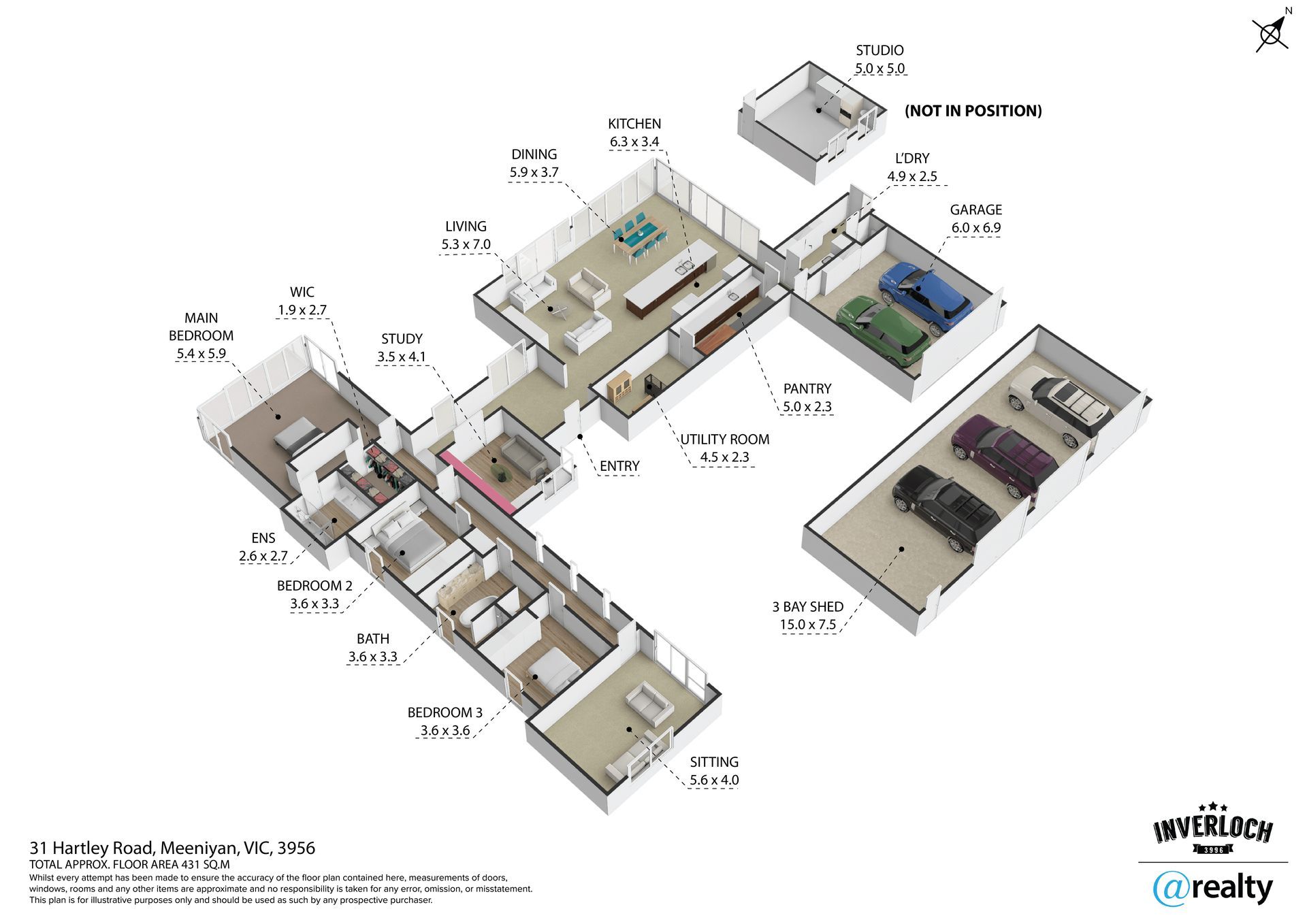 Floor plan of a house with labeled rooms, including bedrooms, living area, and garages.