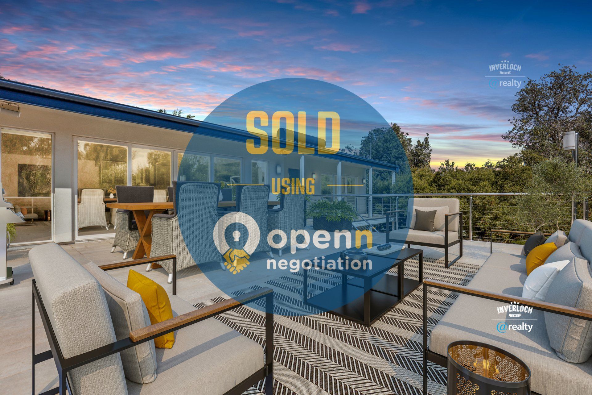 An artist 's impression of a sold house with a patio filled with furniture.