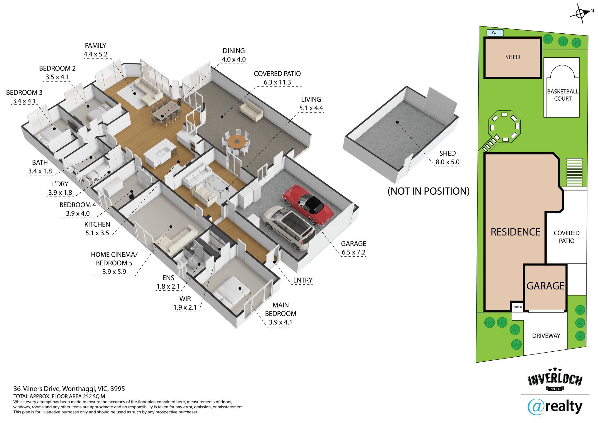 A 3D floor plan showing a residential home layout, interior room placement, a garage, and a site map of the property.