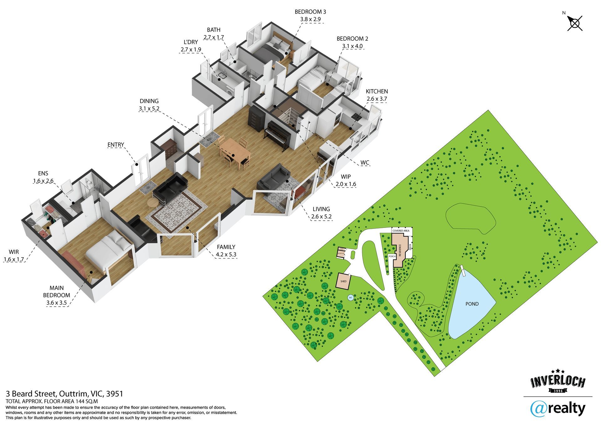 Floor plan of a house, with a green lawn and a small pond.