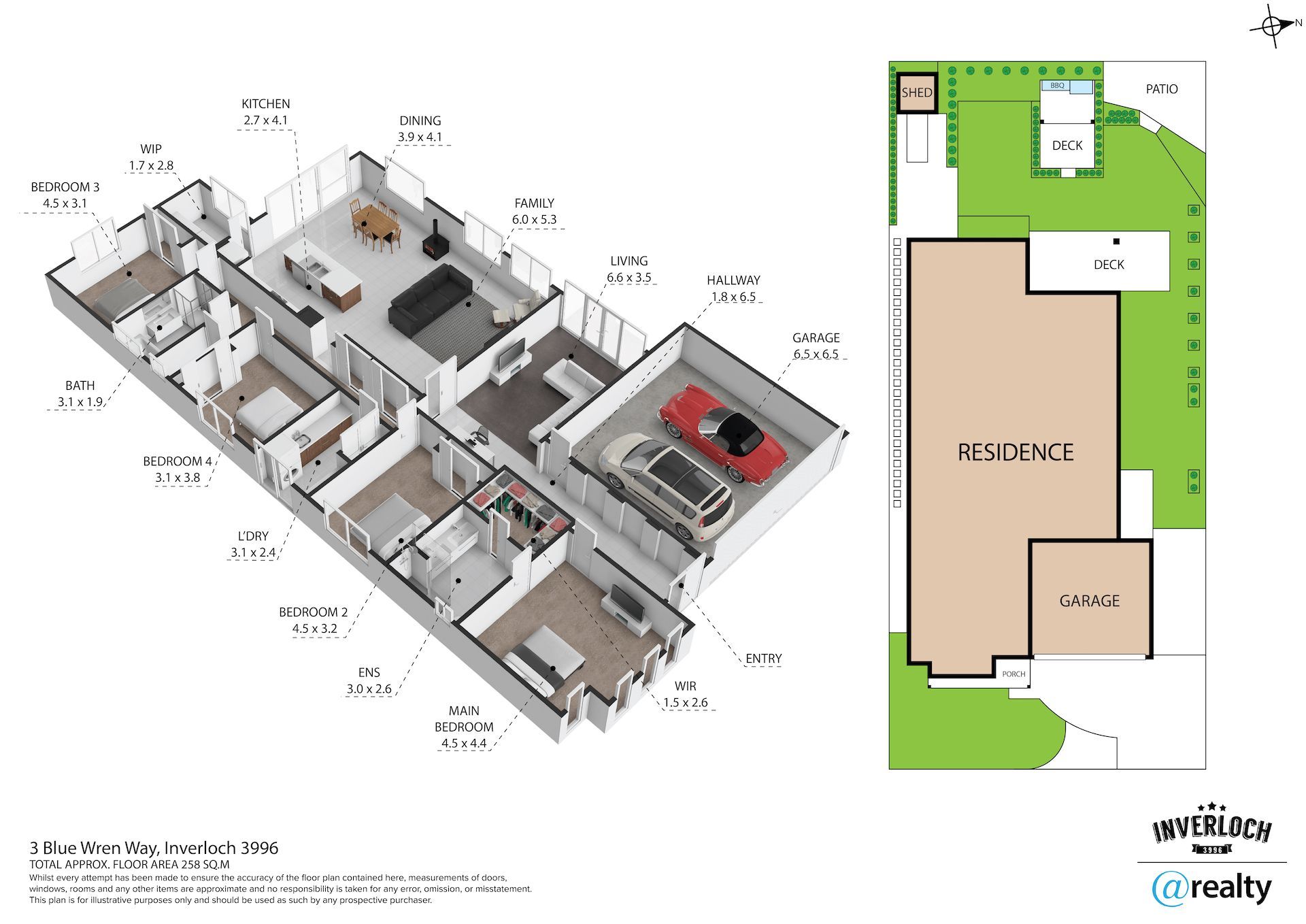 A 3d floor plan of a house with a car parked in the garage.