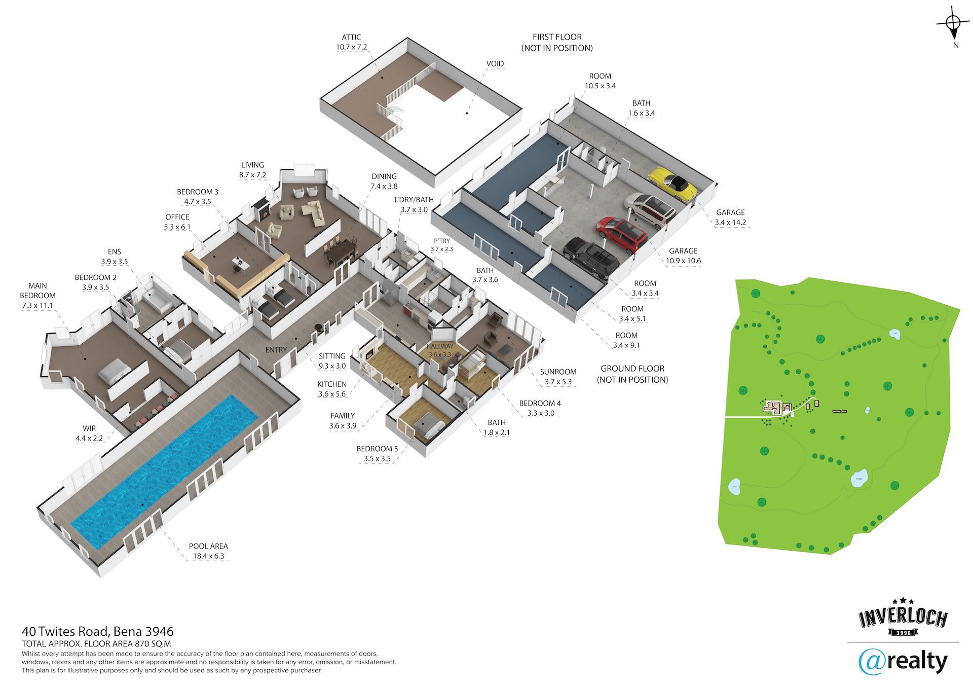 A 3d floor plan of a house with a green field in the background.