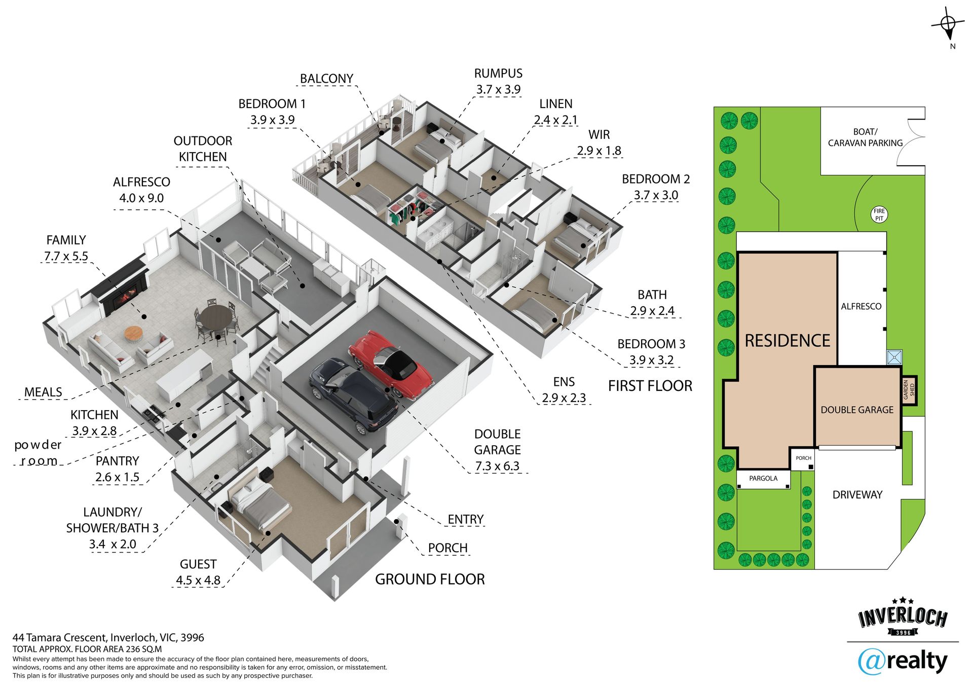 A 3d floor plan of a house with a car in the garage