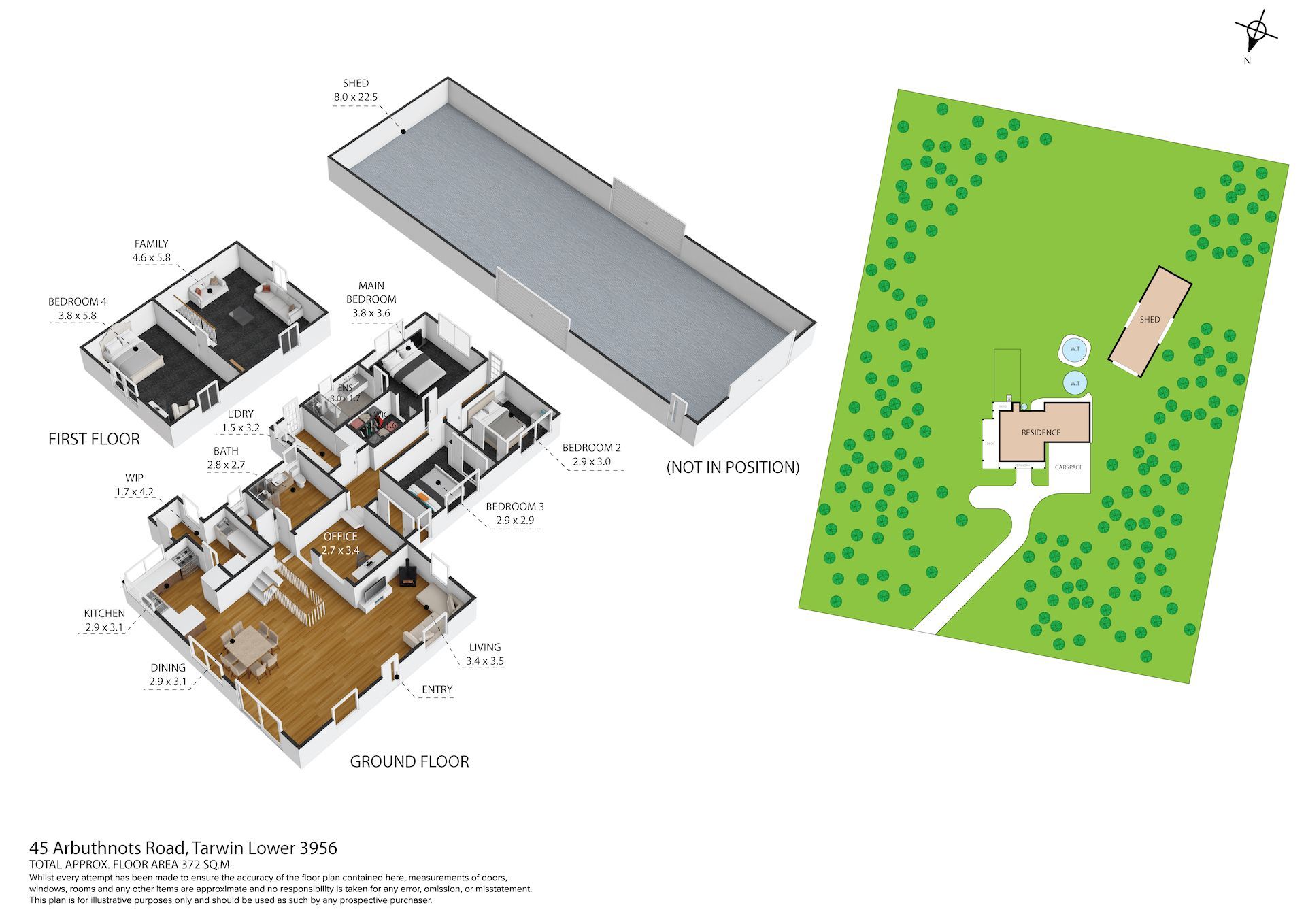Floor plan of a house with different levels, including an exterior and surrounding lot.