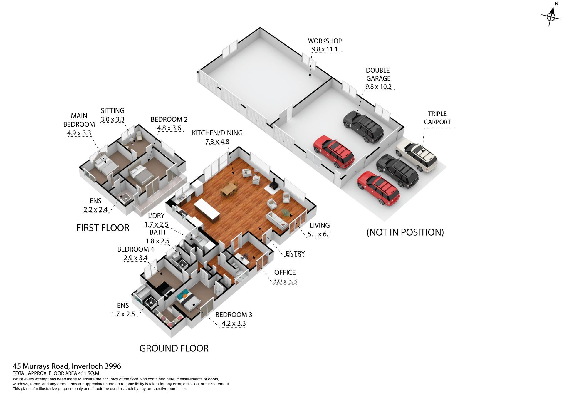 A 3d floor plan of a house with cars parked in front of it.