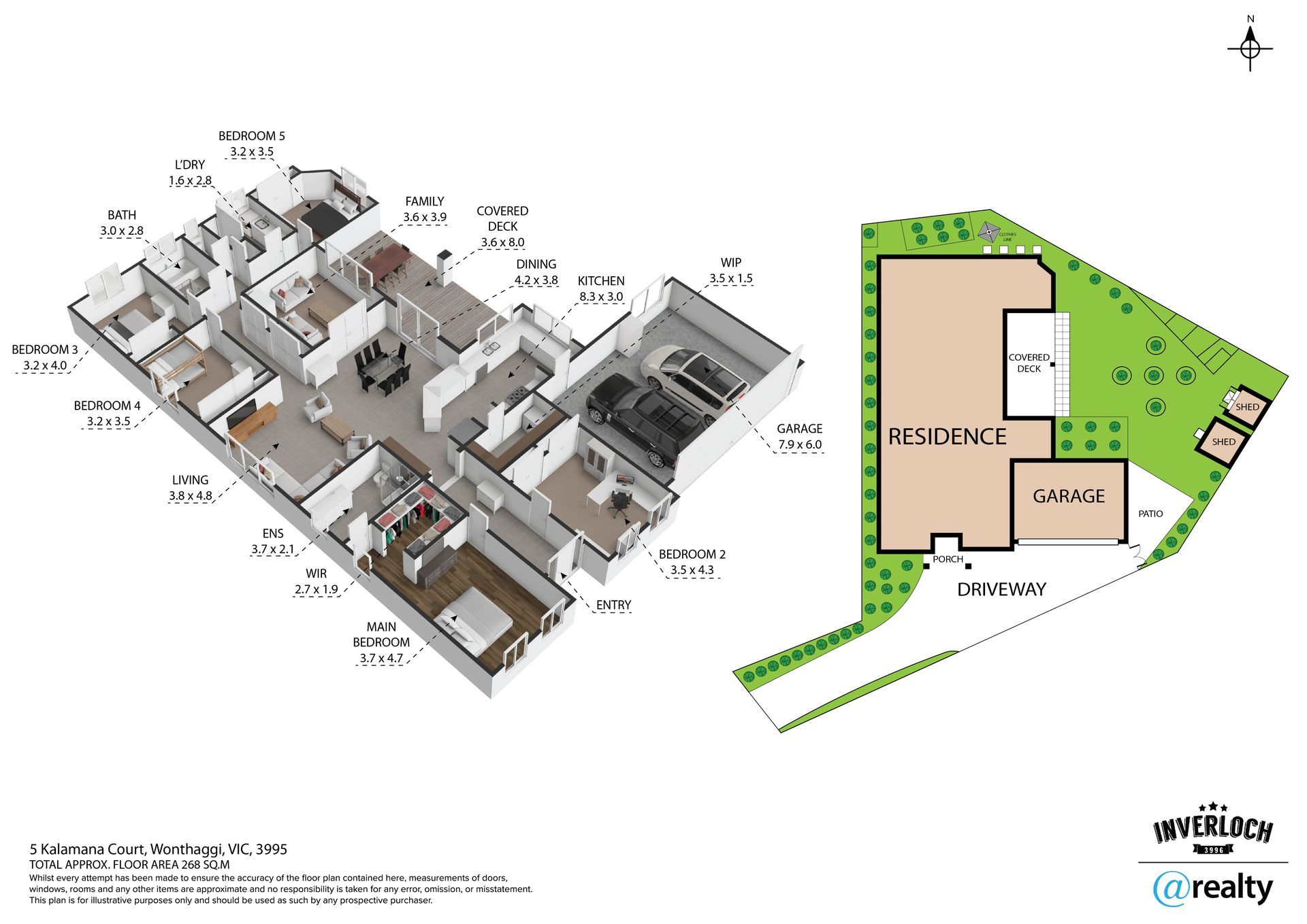 A floor plan for a three-bedroom house, featuring an isometric layout view next to a site map with a garden and garage.