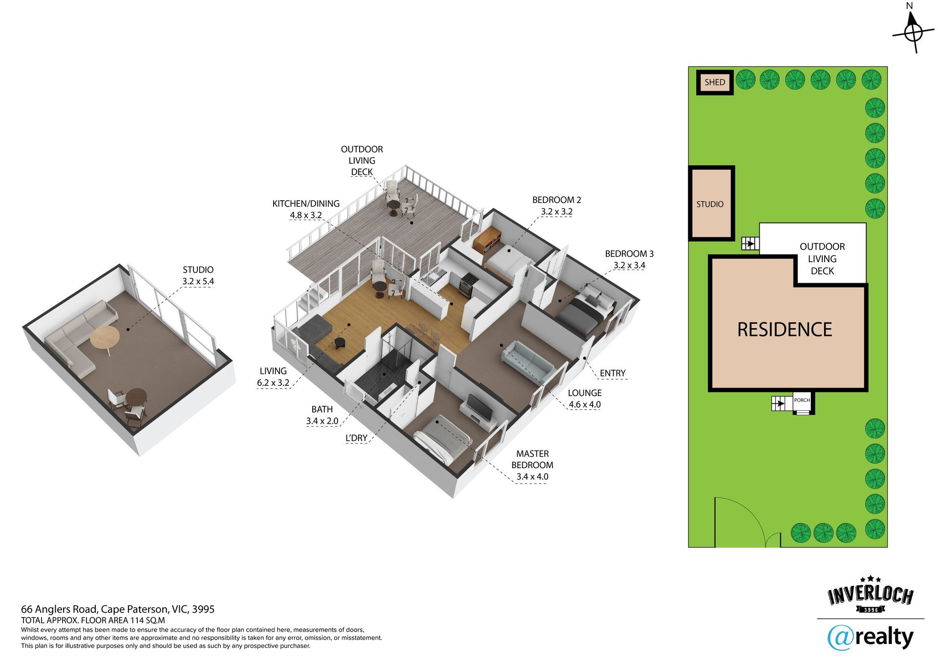 Floor plan of a residence with a 3D view of the interior layout and a separate exterior plot plan.