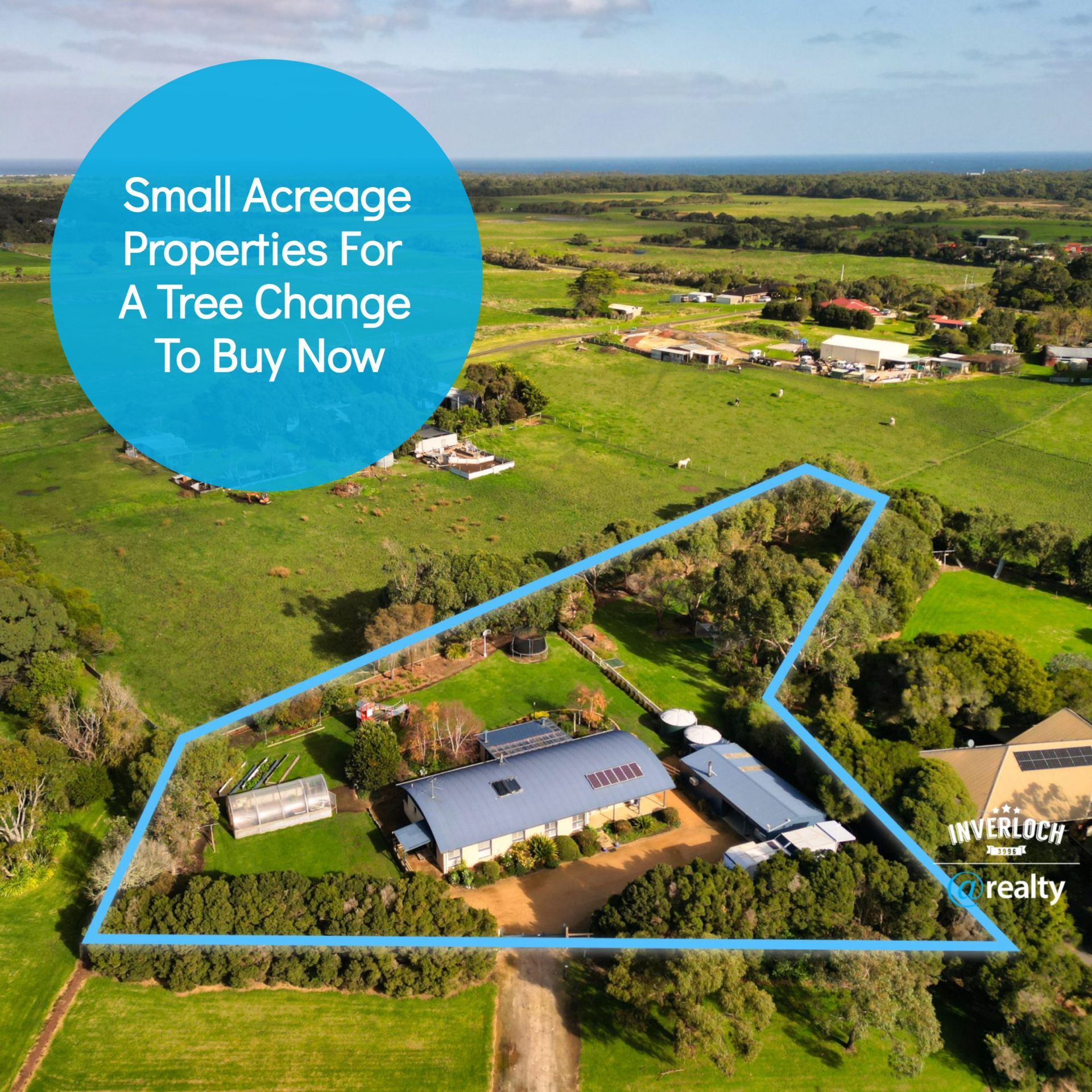 An aerial view of a small acreage property for a tree change to buy now