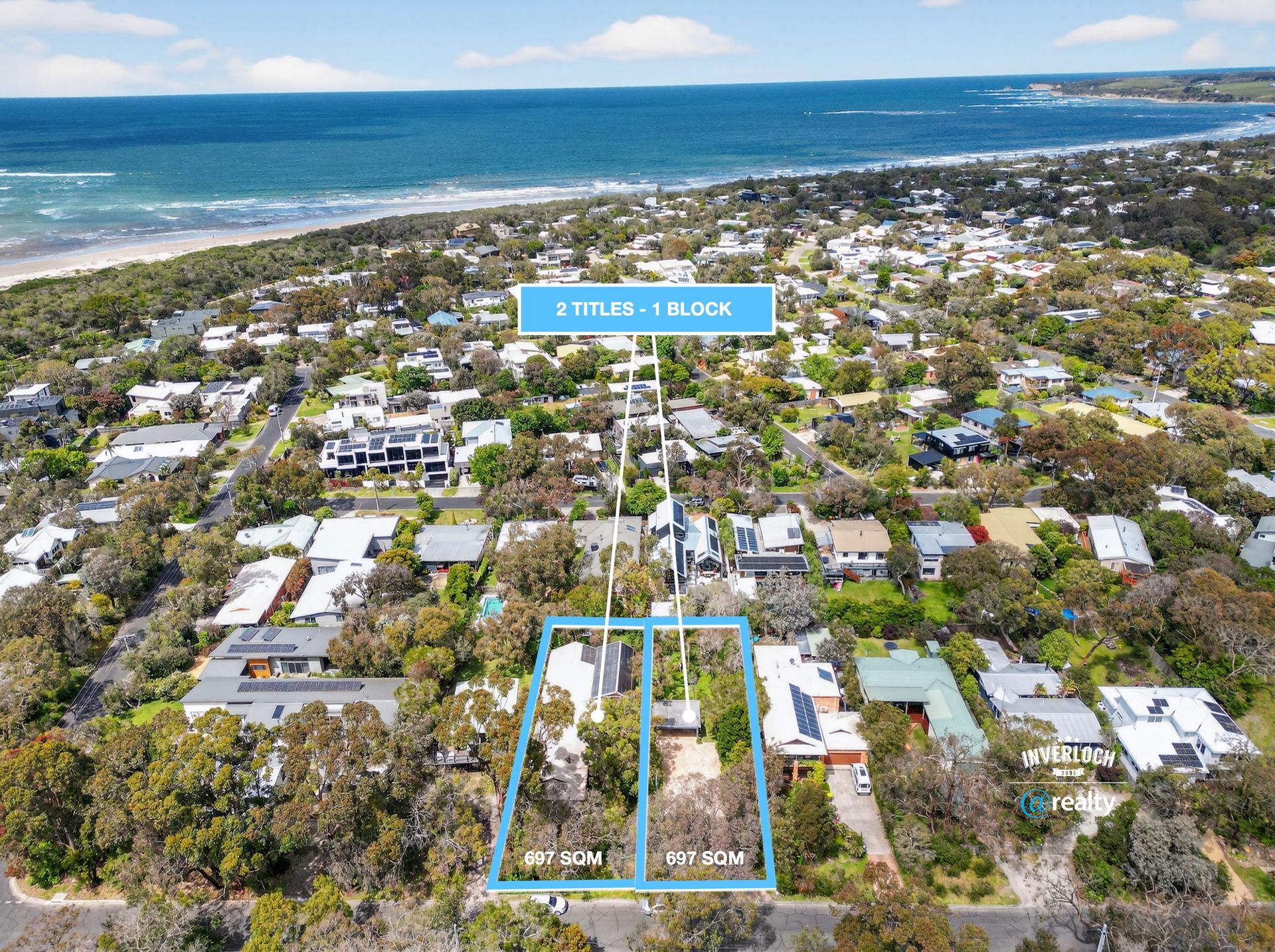 Aerial view of houses and trees near a beach in Cape Paterson, Australia.
