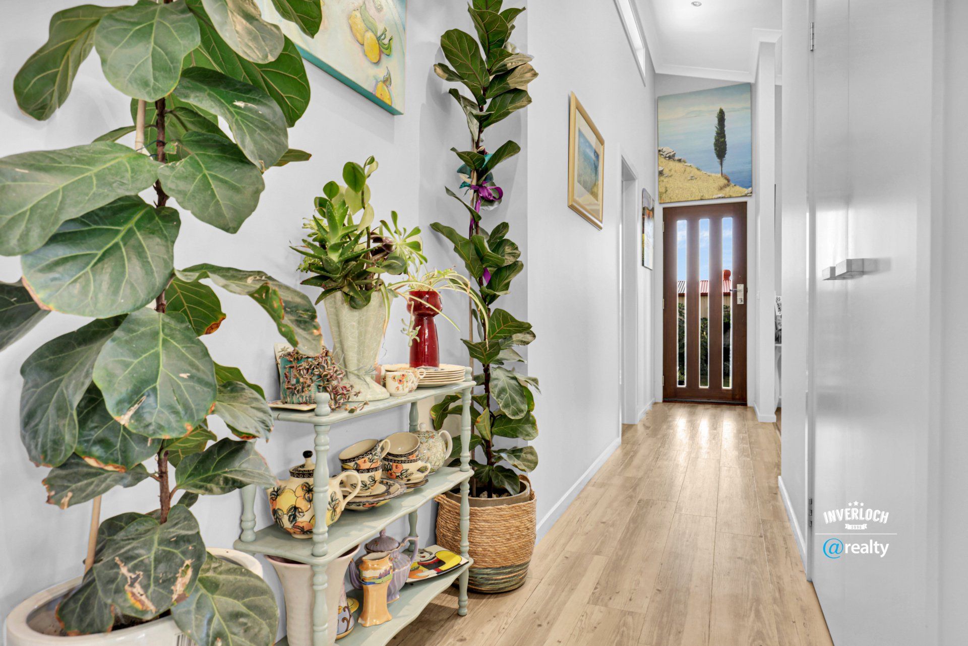 A hallway filled with potted plants and a shelf.