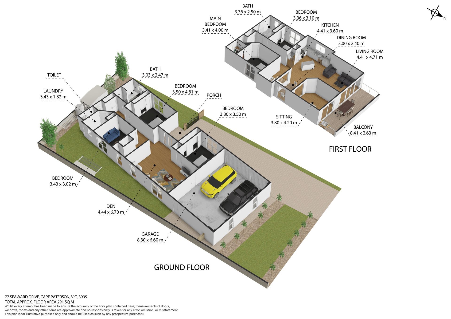 Isometric floor plan of a two-story house with labeled rooms, driveway, and vehicles.