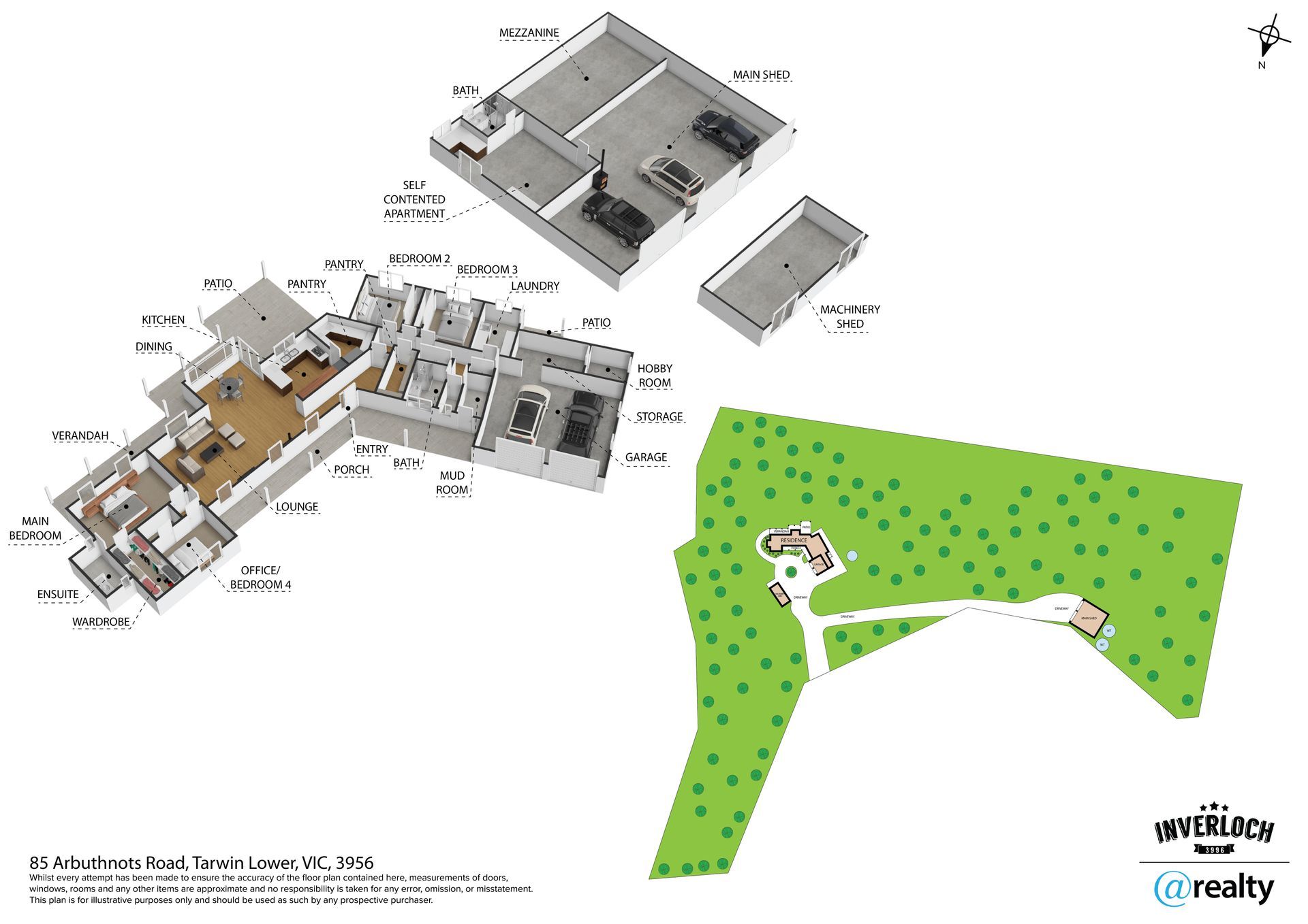 Floor plan and aerial views of a house, garage, and property; green lawn, light interior, and cars.