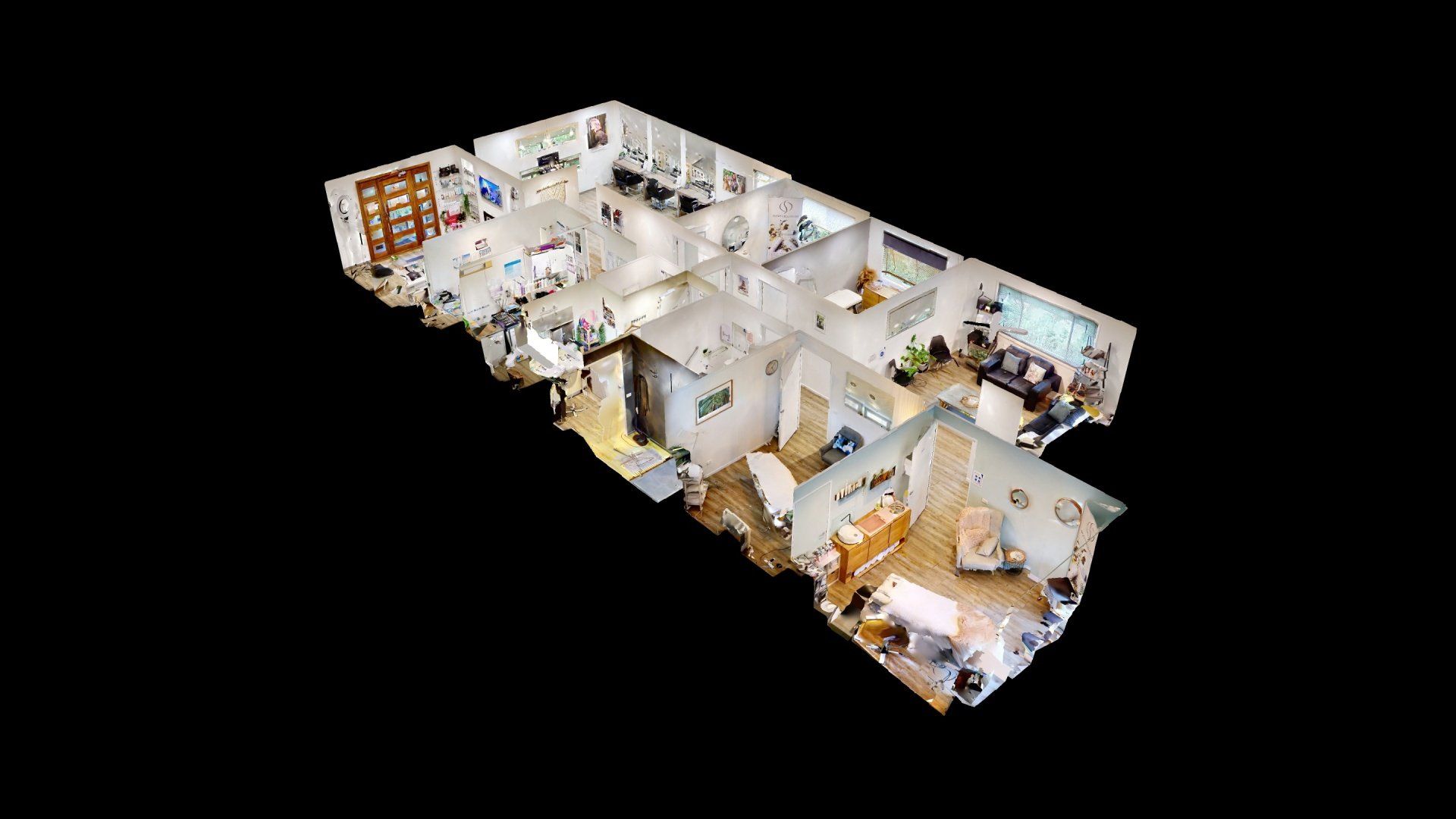 A 3d floor plan of a house with a black background.