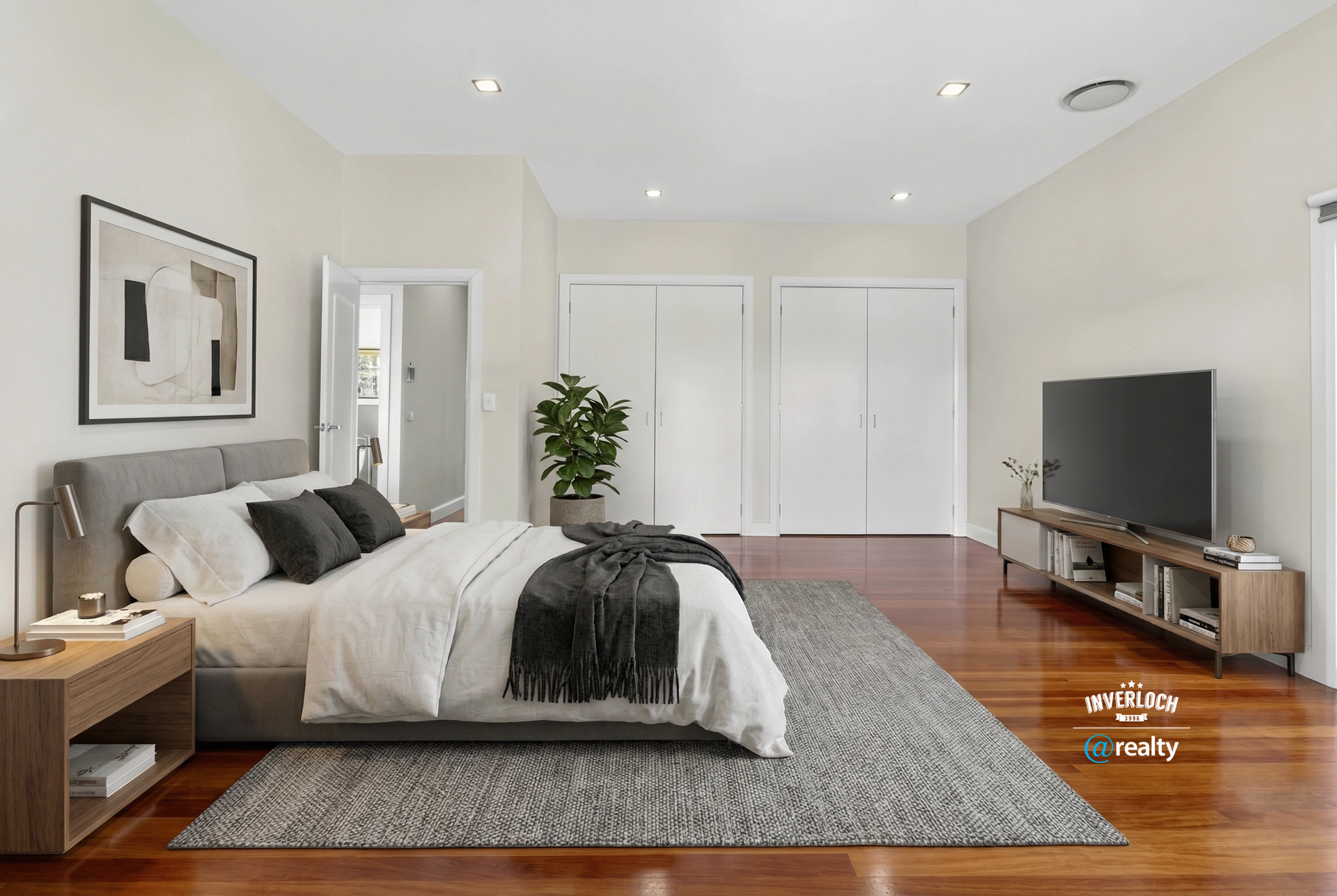 Bedroom with hardwood floor, bed, TV, built-in wardrobes, and plant.
