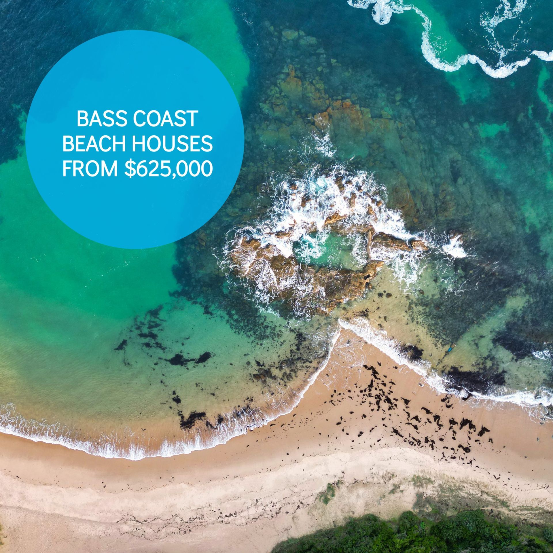 An promotion for bass coast beach houses from $ 625,000