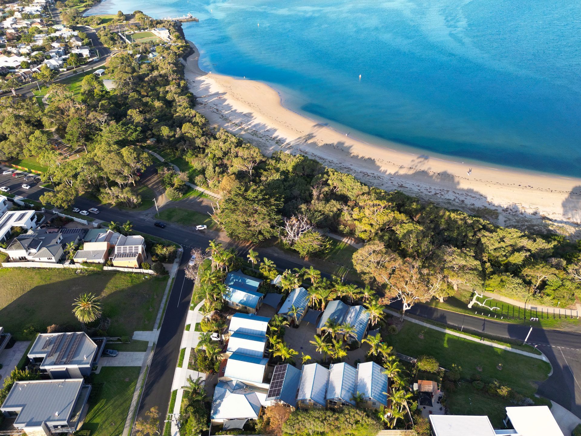 An aerial view of a beach with houses and trees