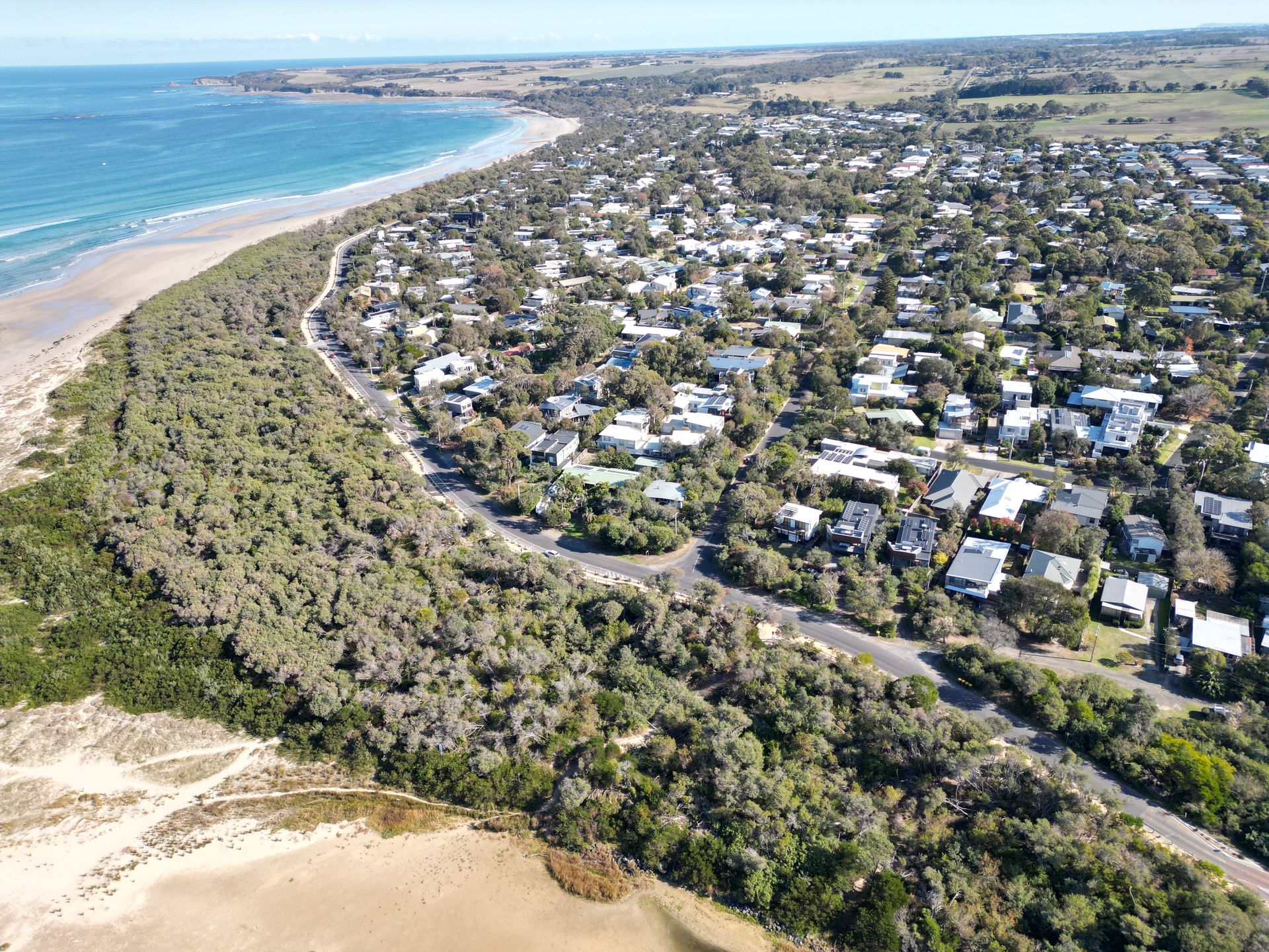 Aerial view of coastal town next to a beach, with trees and buildings.