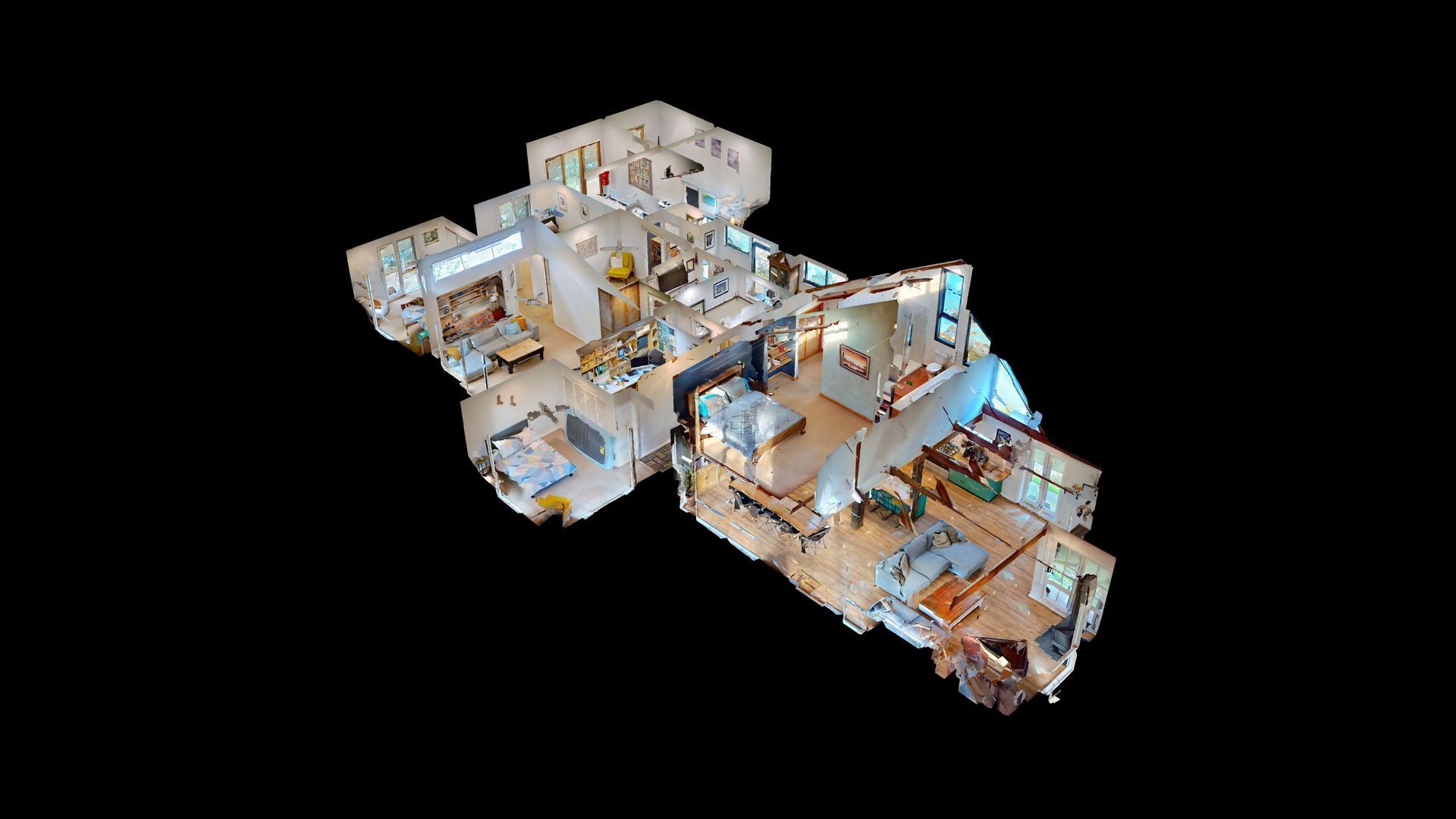 3D rendered interior floor plan of a house, with furniture, decor, and a black background.