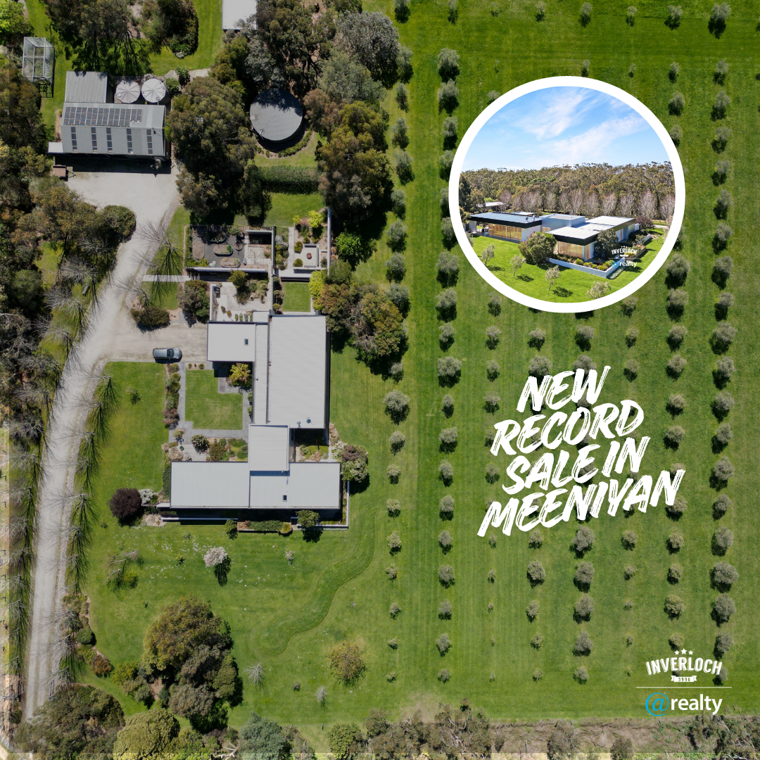 Aerial view of a property in Meenivan with a large home and surrounding farmland. A smaller inset image shows a closer view.