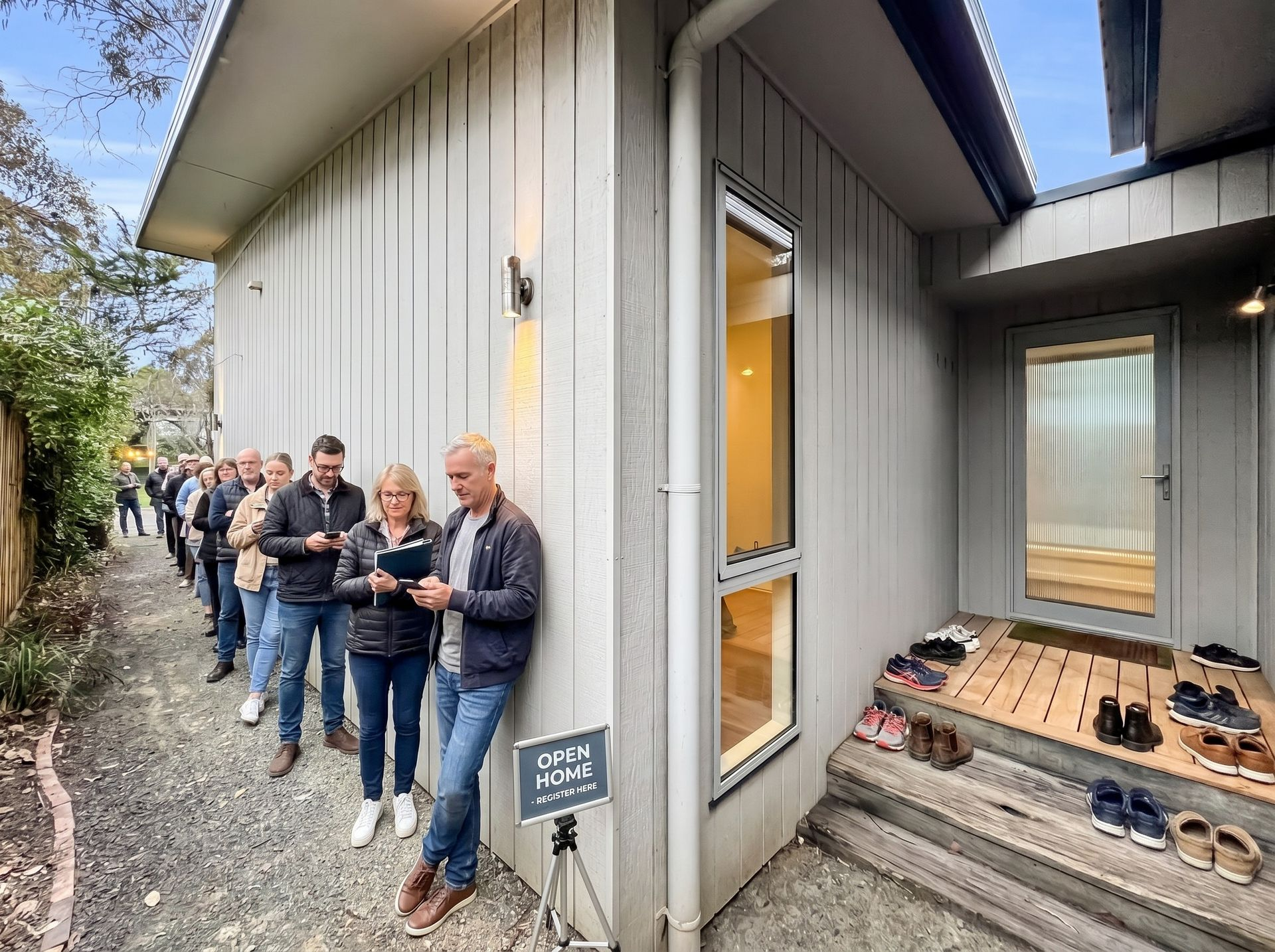 People lined up along a gray house exterior, standing near an entryway and a shoe rack on the porch.