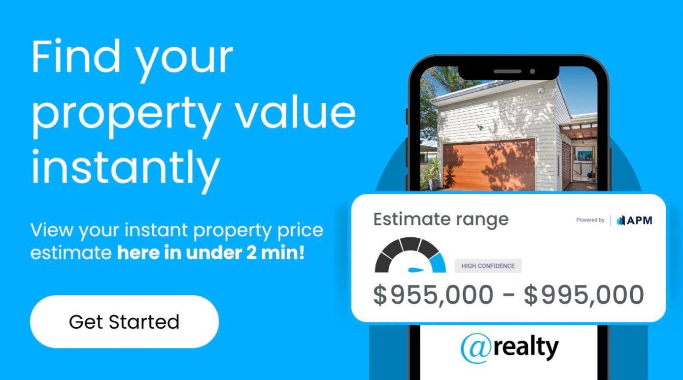 Advertisement for property value estimation, showing a phone with an estimate range of $955,000-$995,000.