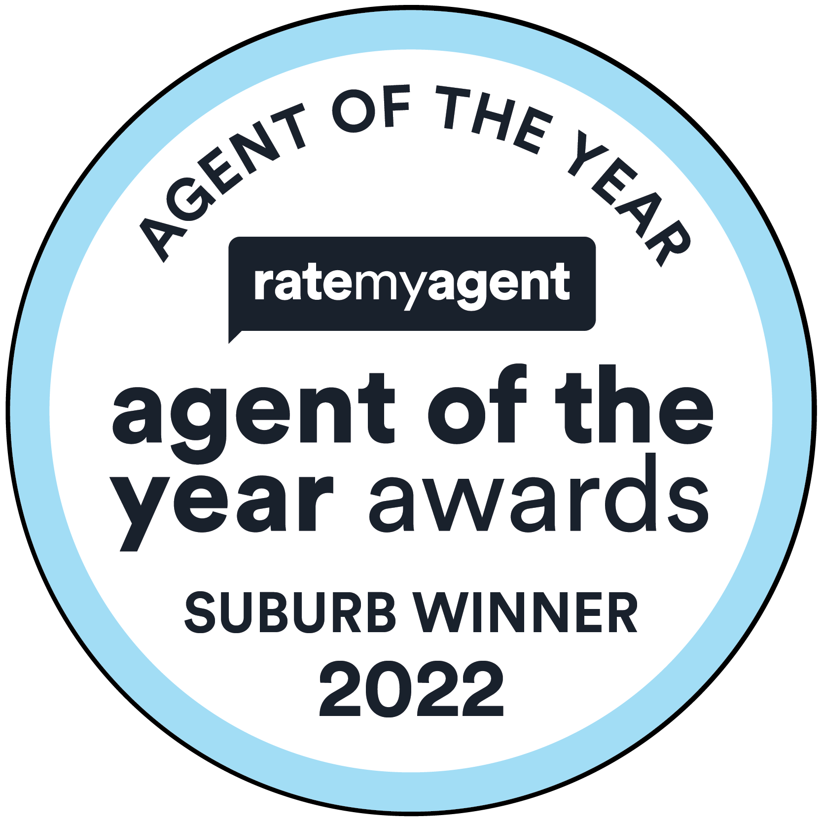 Agent of the Year awards badge from Ratemyagent. Blue, white, and black circular design. Suburb winner 2022.