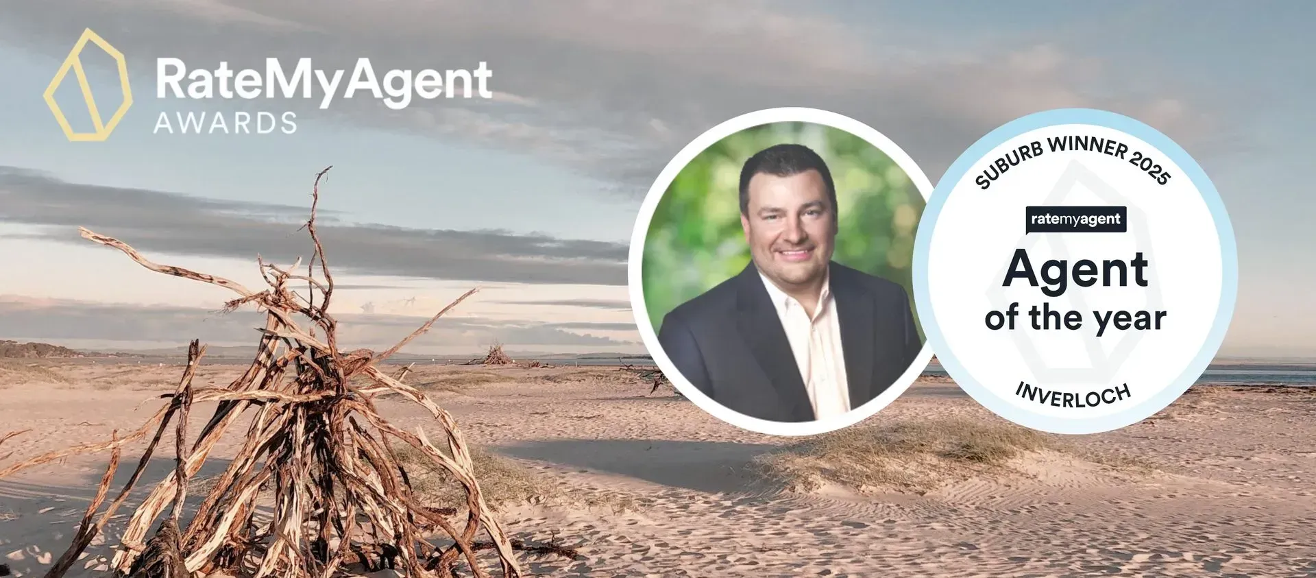 RateMyAgent Awards banner with agent portrait and “Agent of the Year” badge over a desert landscape