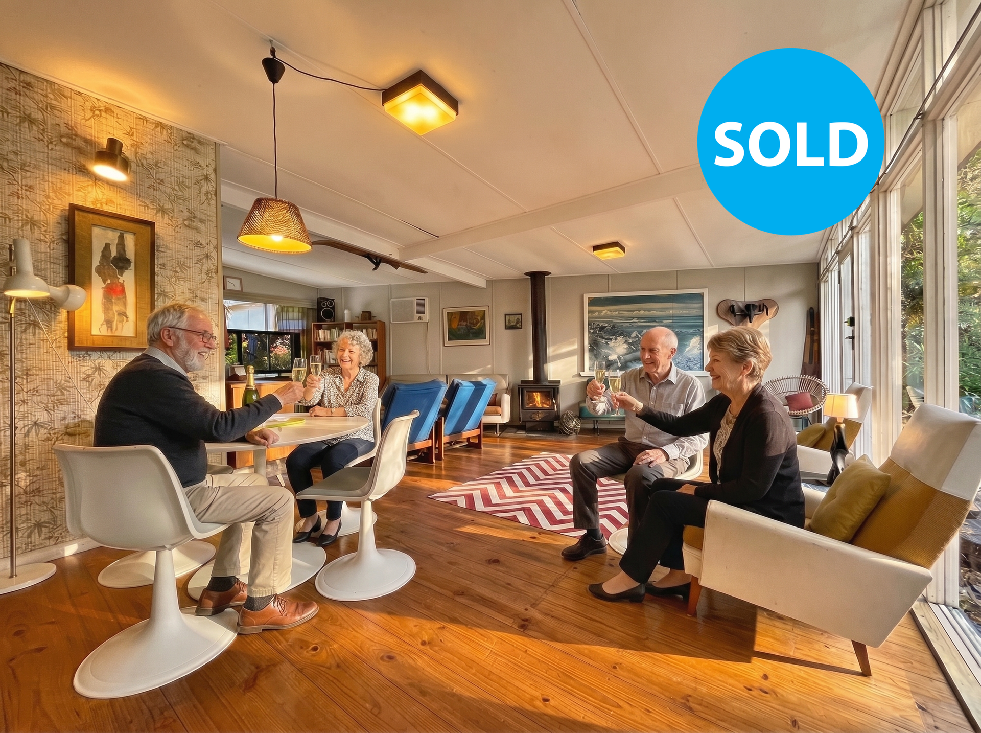 Aerial view of a coastal neighborhood with a plot of land outlined in blue, overlooking a beach and blue ocean.