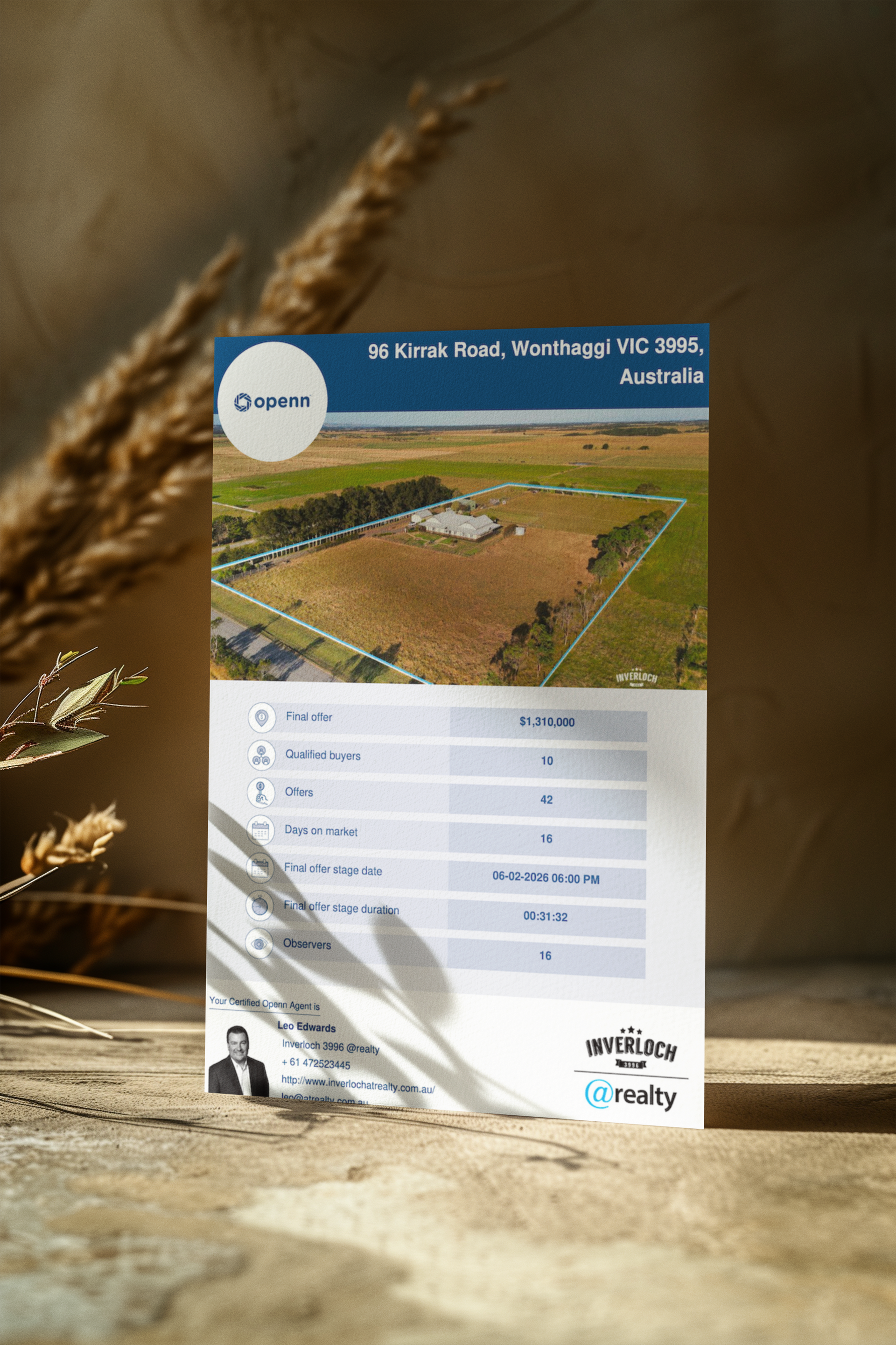 Real estate flyer: Aerial view of a plot of land with key details and a contact person.