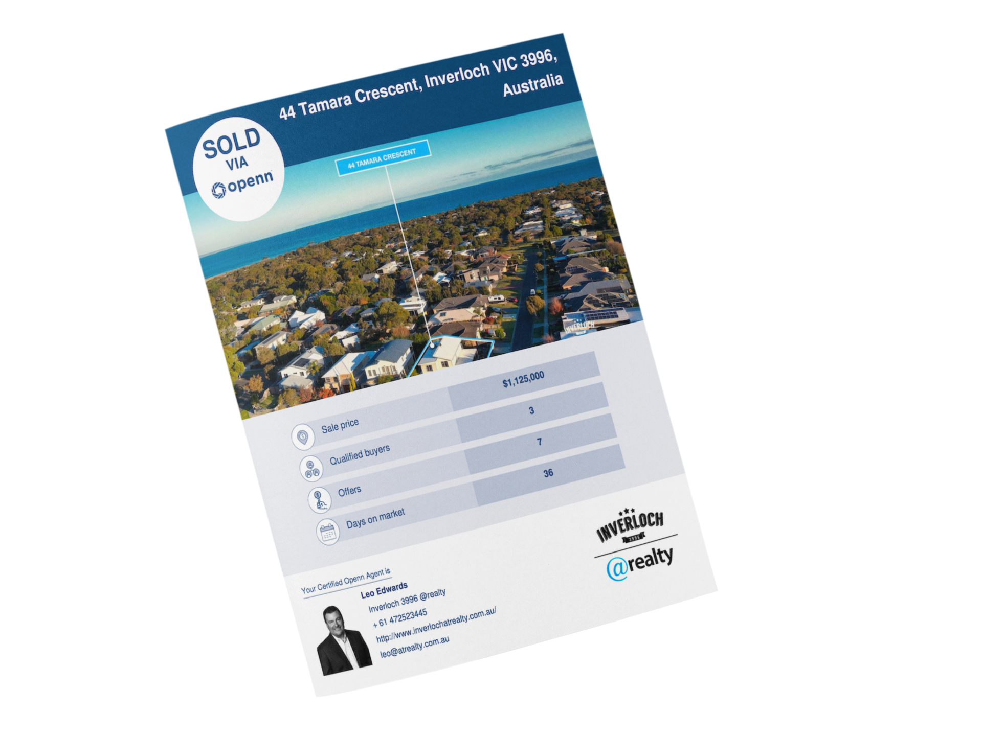 Real estate flyer for 44 Tasman Drive, with a photo of the property and its details.